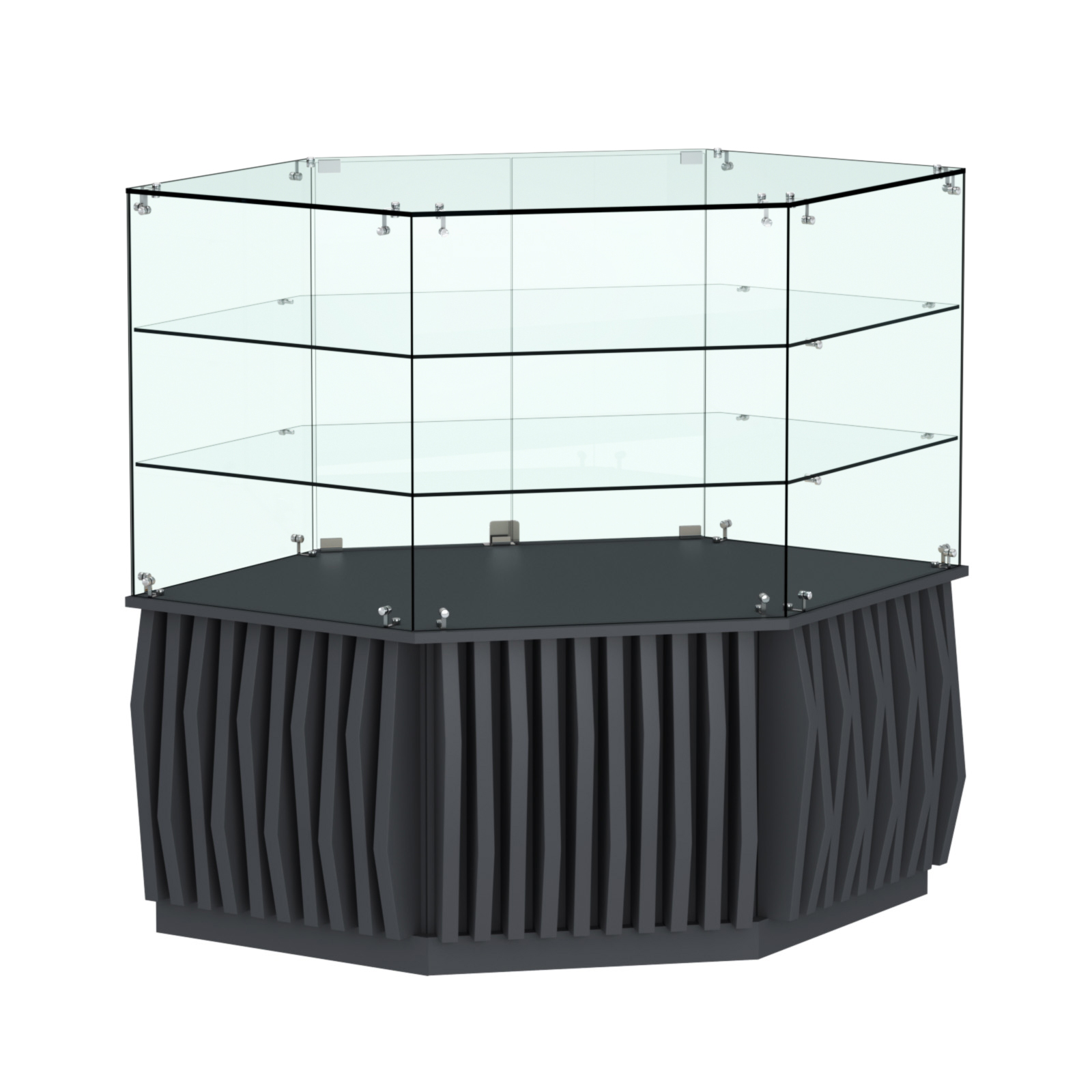 Торговый прилавок низкий шестигранный с планками и двумя полками серии ОРНАМЕНТ №37 Антрацит