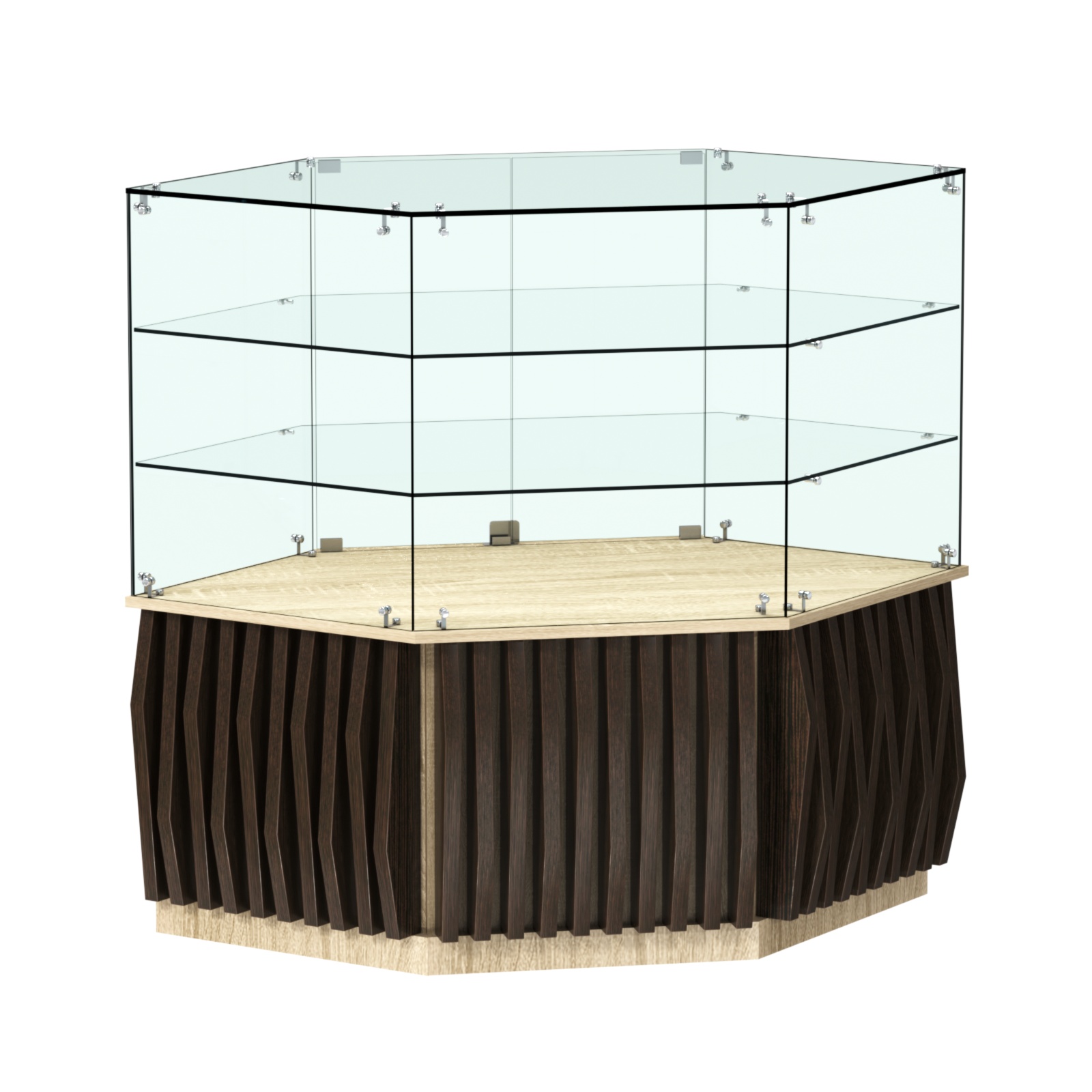 Торговый прилавок низкий шестигранный с планками и двумя полками серии ОРНАМЕНТ №37 Дуб Сонома + Дуб Венге