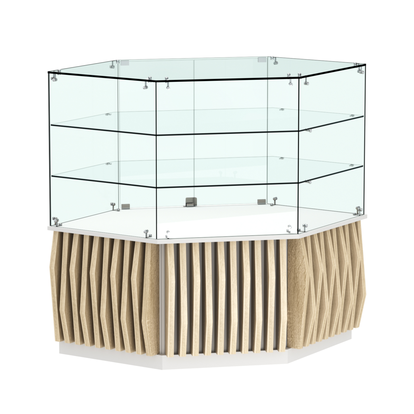 Торговый прилавок низкий шестигранный с планками и двумя полками серии ОРНАМЕНТ №37 Белый + Дуб Сонома