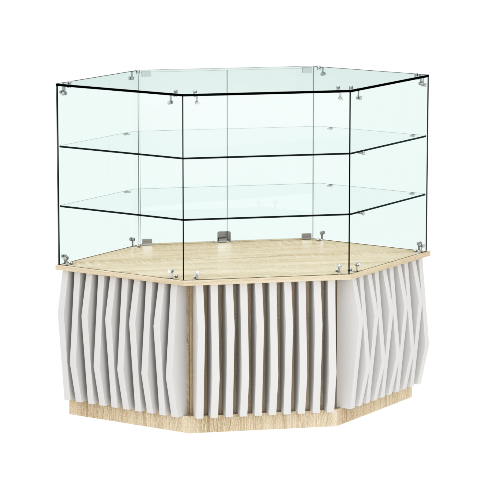 Торговый прилавок низкий шестигранный с планками и двумя полками серии ОРНАМЕНТ №37 Дуб Сонома + Белый