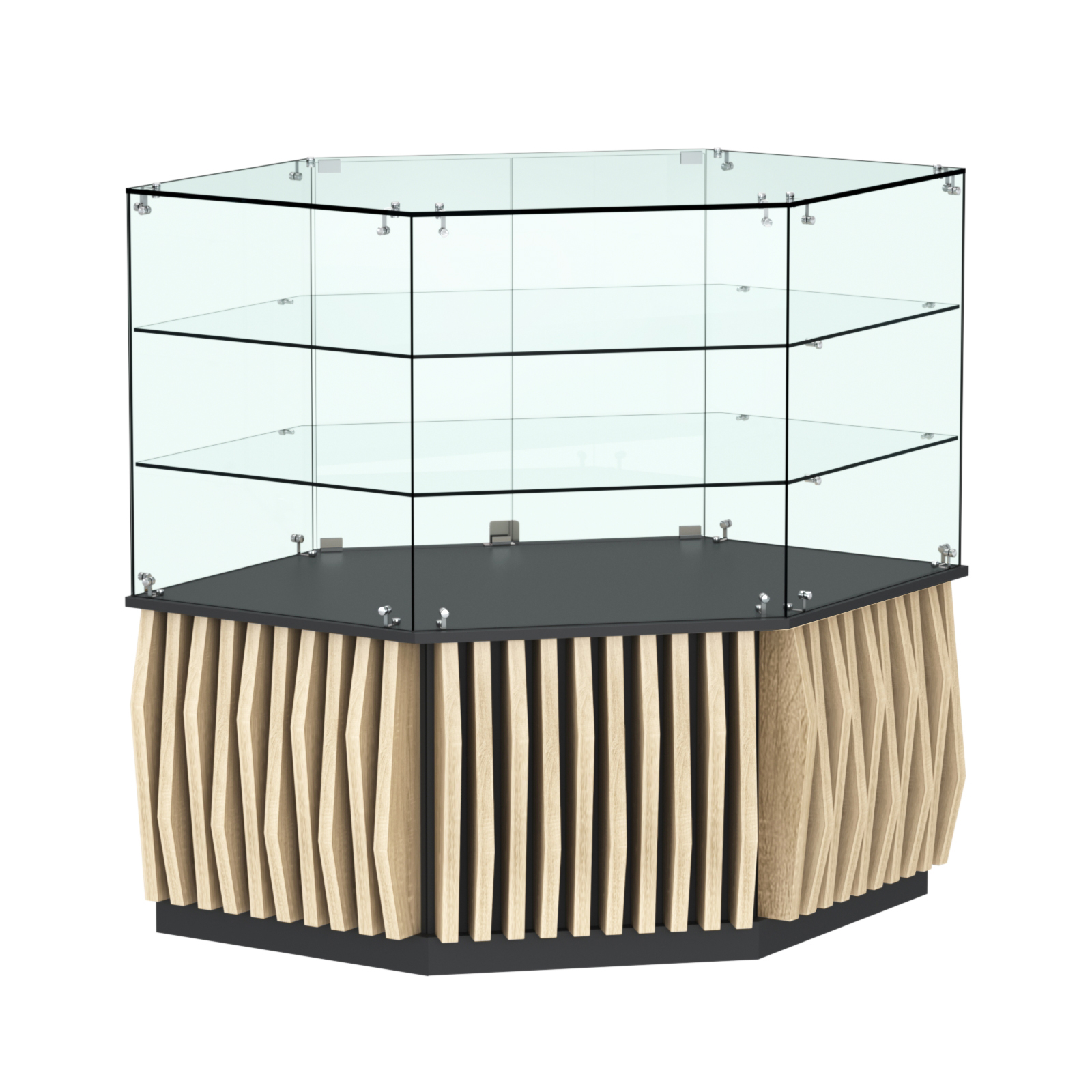 Торговый прилавок низкий шестигранный с планками и двумя полками серии ОРНАМЕНТ №37 Черный + Дуб Сонома