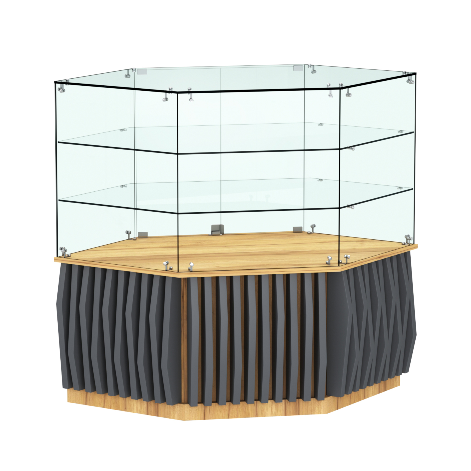 Торговый прилавок низкий шестигранный с планками и двумя полками серии ОРНАМЕНТ №37 Дуб Золотистый и Темно-Серый