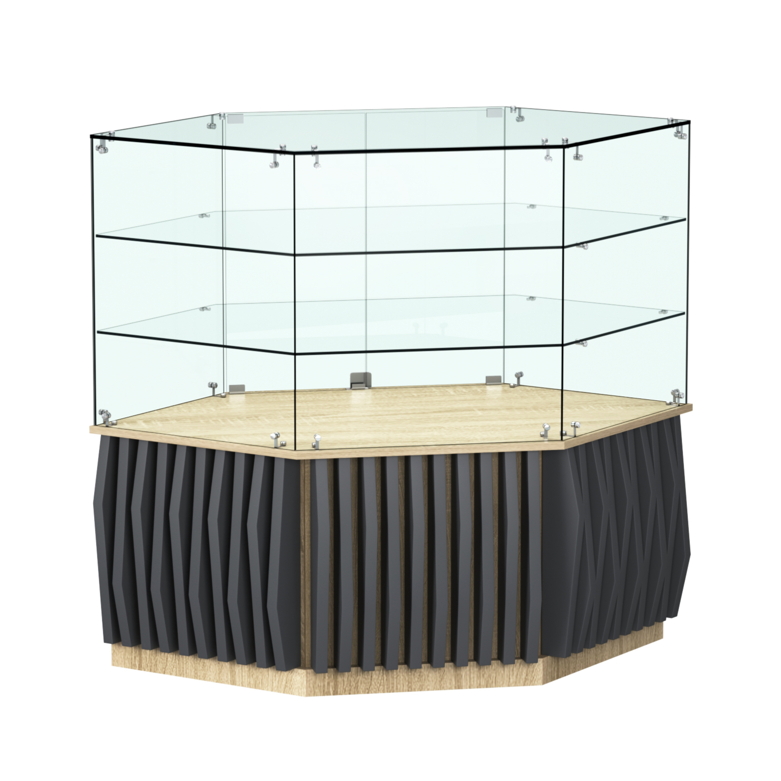 Торговый прилавок низкий шестигранный с планками и двумя полками серии ОРНАМЕНТ №37 Дуб Сонома и Темно-Серый 5-U2601