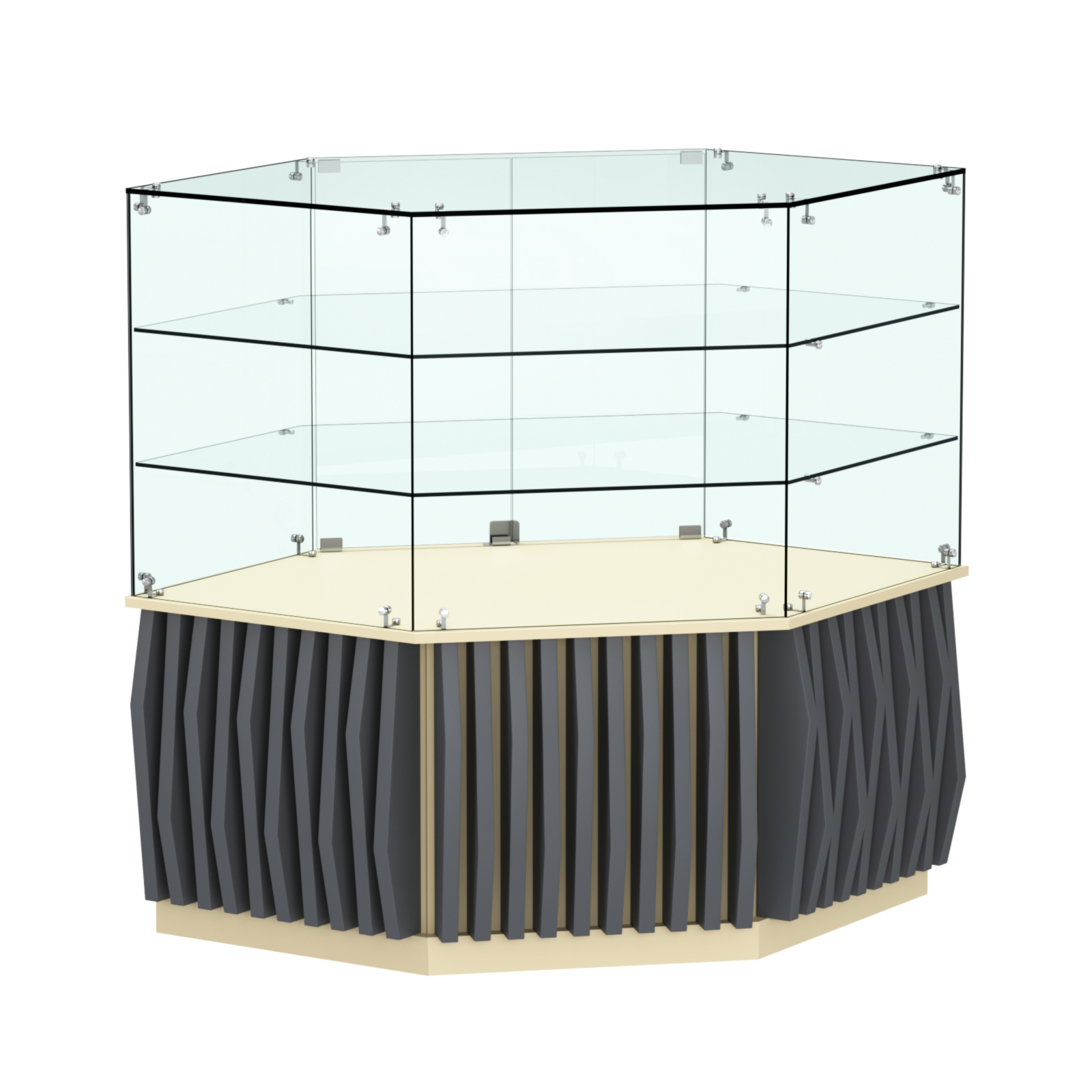 Торговый прилавок низкий шестигранный с планками и двумя полками серии ОРНАМЕНТ №37 Крем Вайс и Темно Серый U2236-U2601