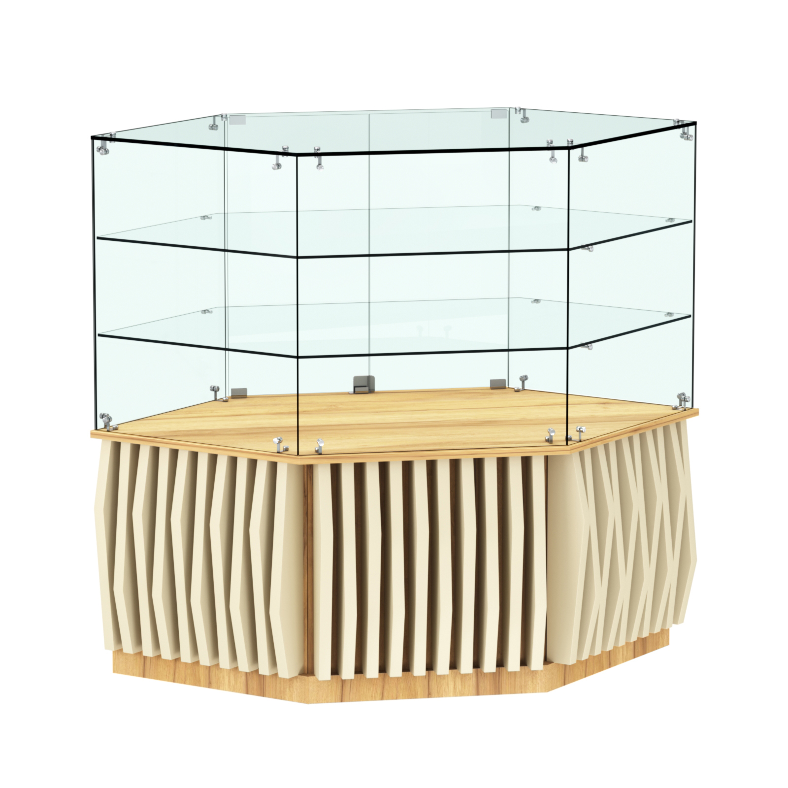 Торговый прилавок низкий шестигранный с планками и двумя полками серии ОРНАМЕНТ №37 Дуб Золотистый и Крем Вайс