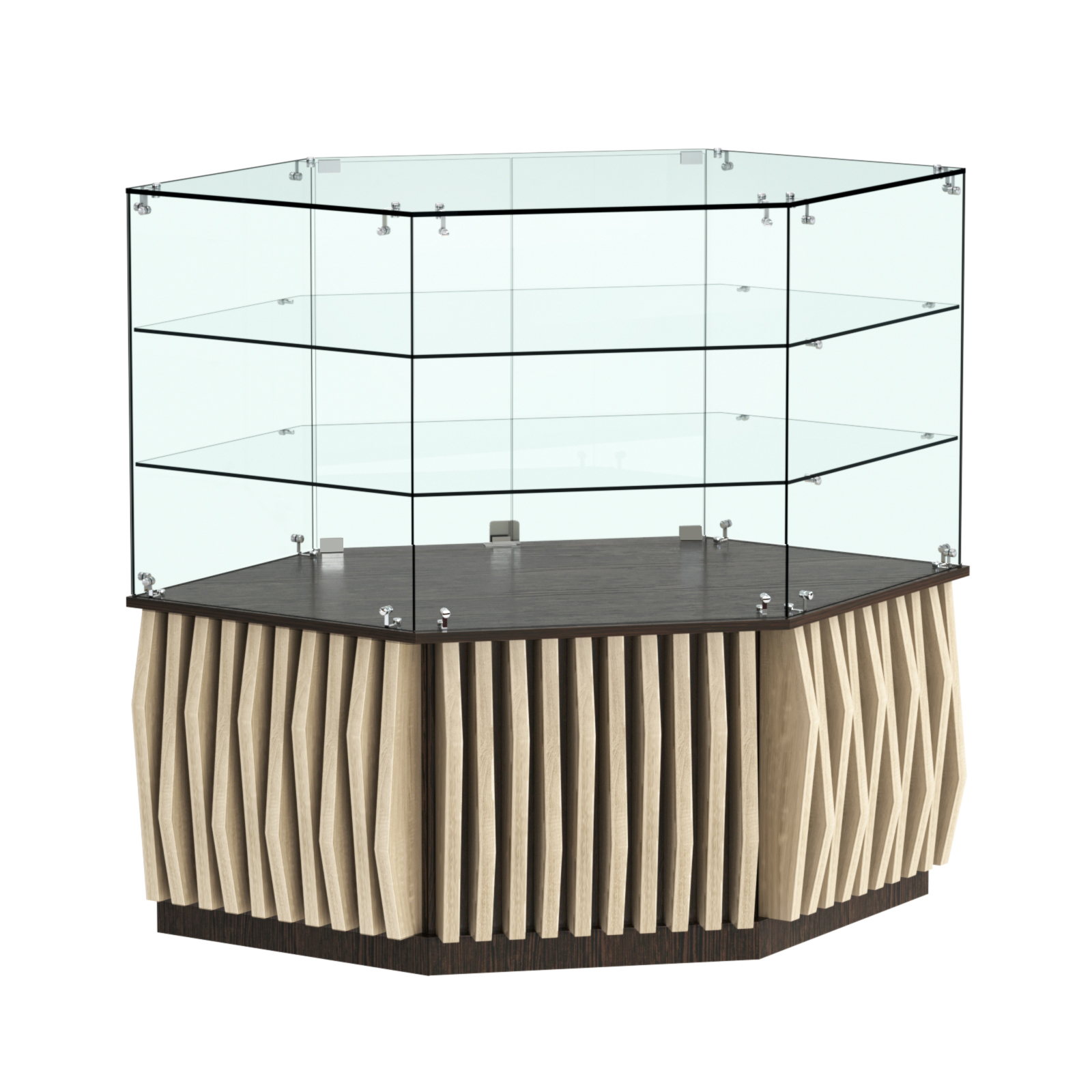 Торговый прилавок низкий шестигранный с планками и двумя полками серии ОРНАМЕНТ №37 Дуб Венге + Дуб Сонома