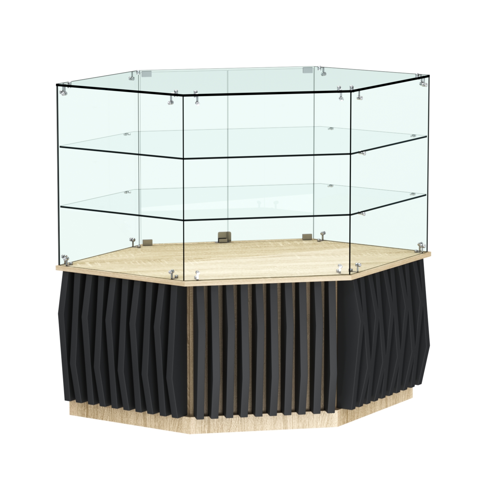 Торговый прилавок низкий шестигранный с планками и двумя полками серии ОРНАМЕНТ №37 Дуб сонома, Черный