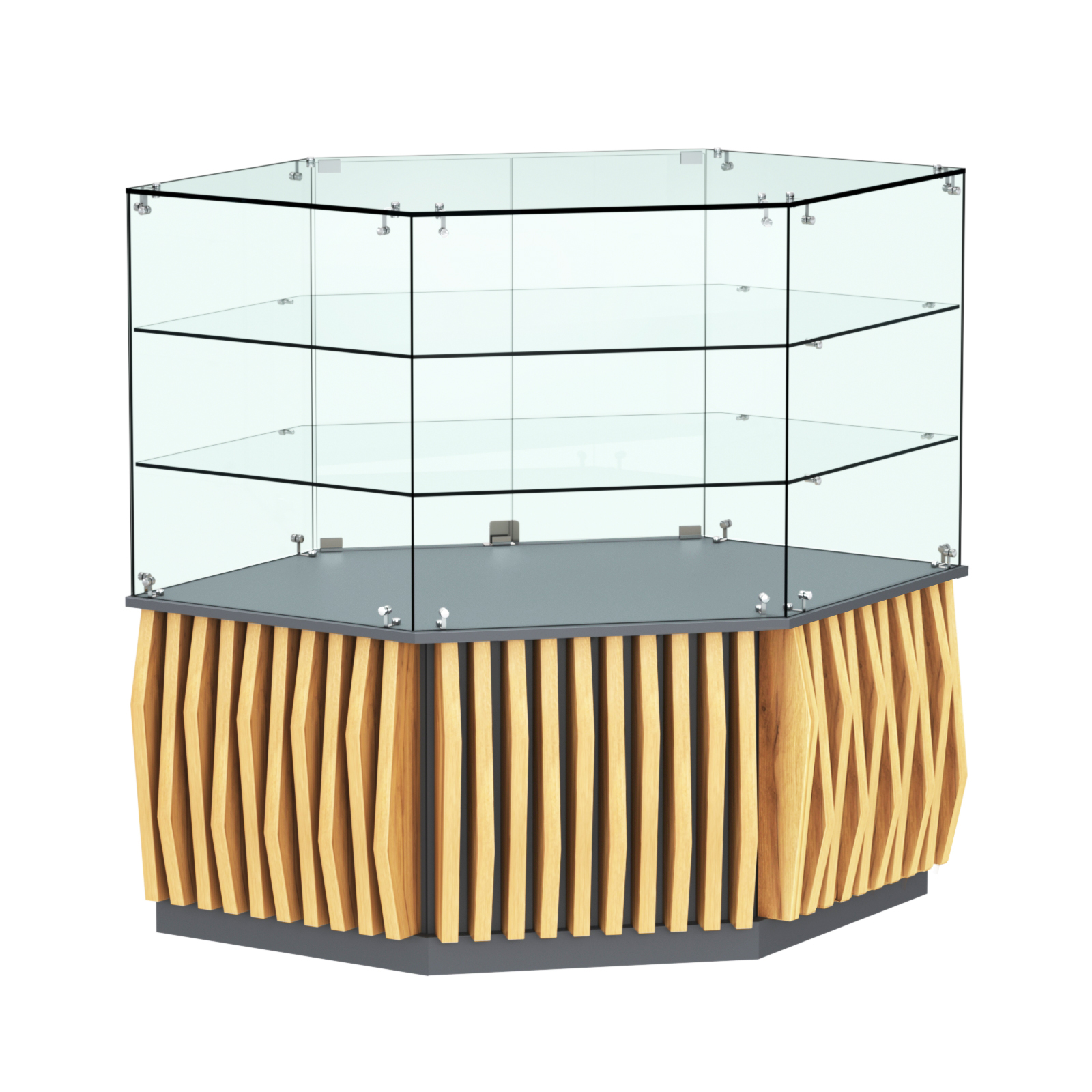 Торговый прилавок низкий шестигранный с планками и двумя полками серии ОРНАМЕНТ №37 Темно-Серый  + Дуб Золотистый