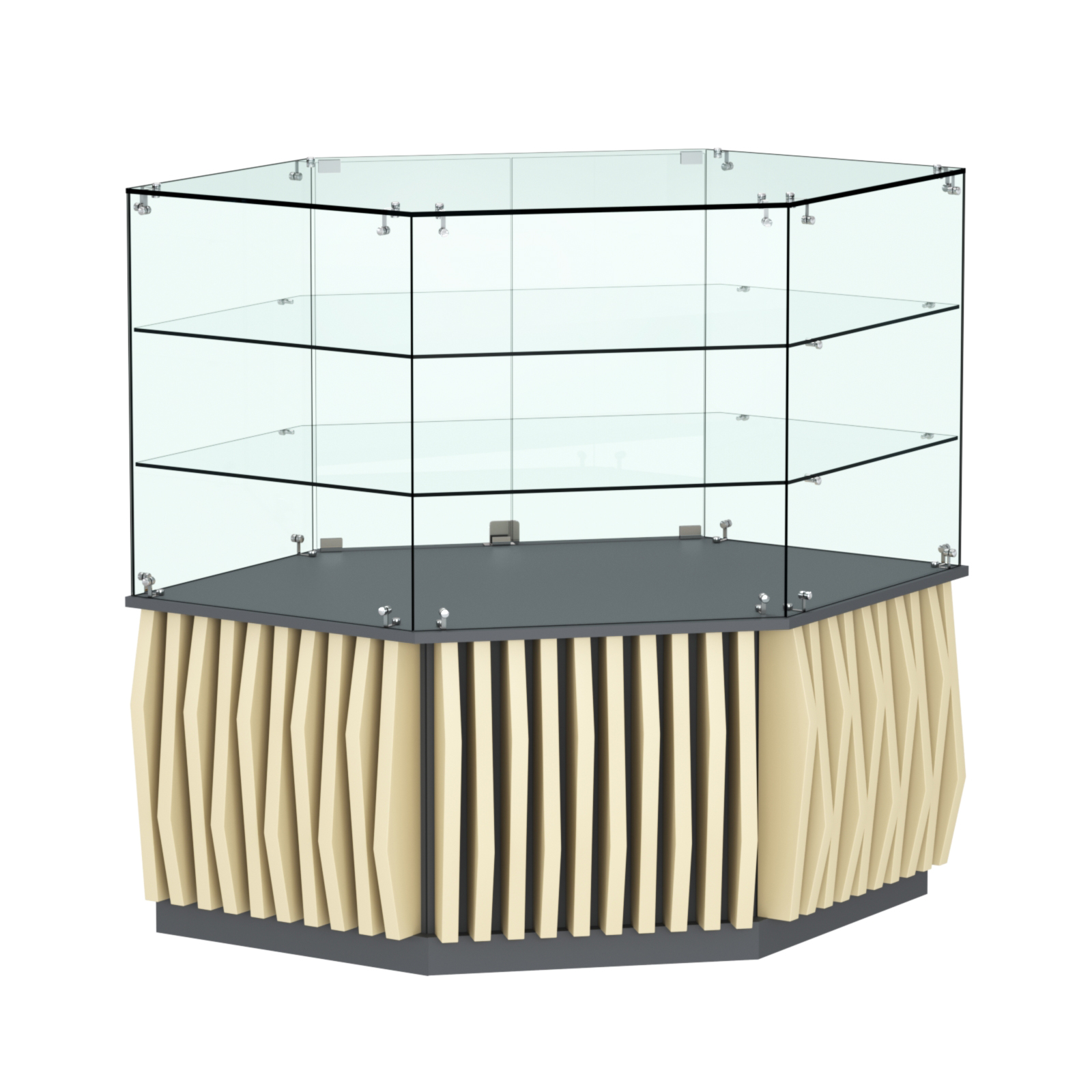 Торговый прилавок низкий шестигранный с планками и двумя полками серии ОРНАМЕНТ №37 Темно-серый + Крем Вайс