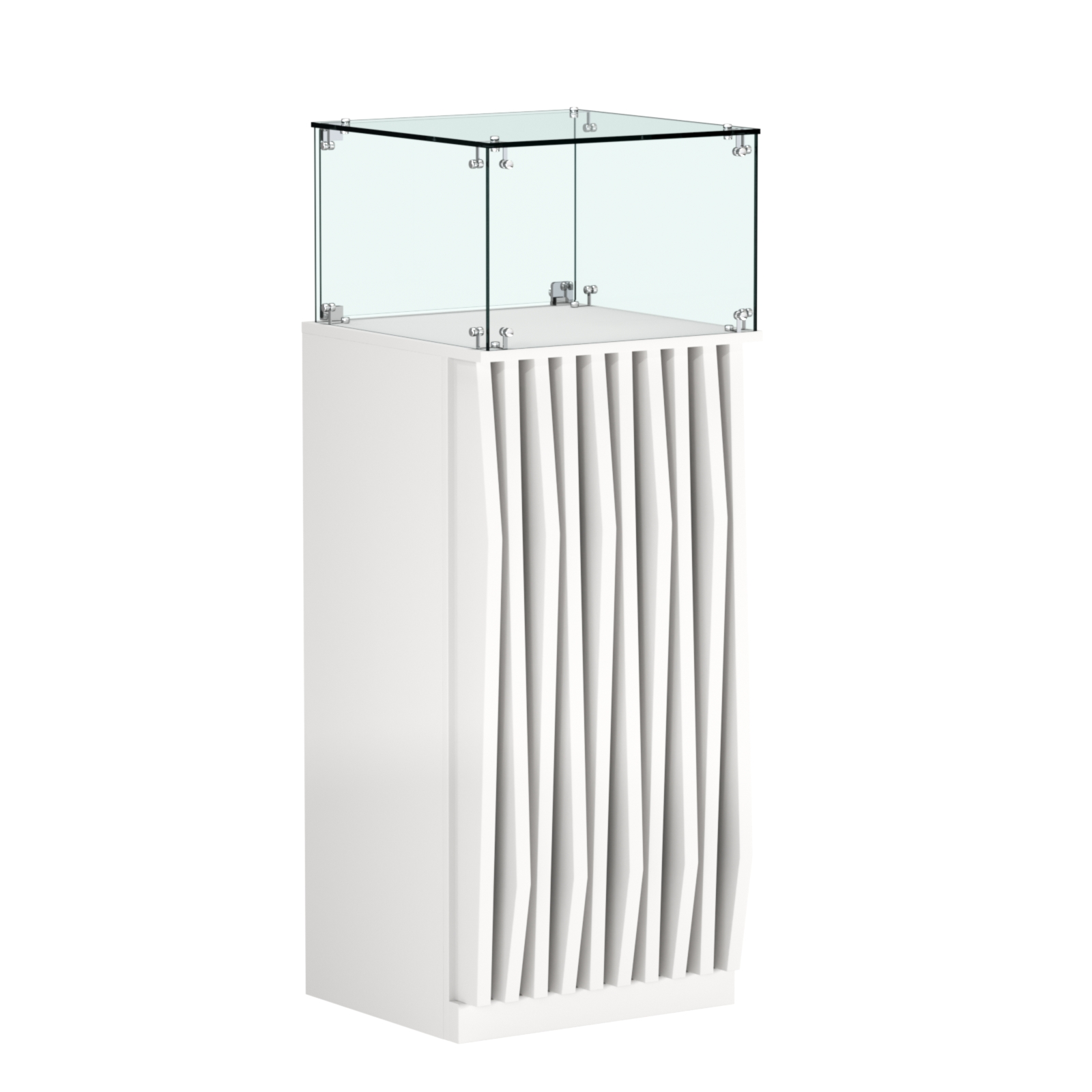 Торговый прилавок высокий квадратный с планками и стеклянным колпаком серии ОРНАМЕНТ №11 Белый