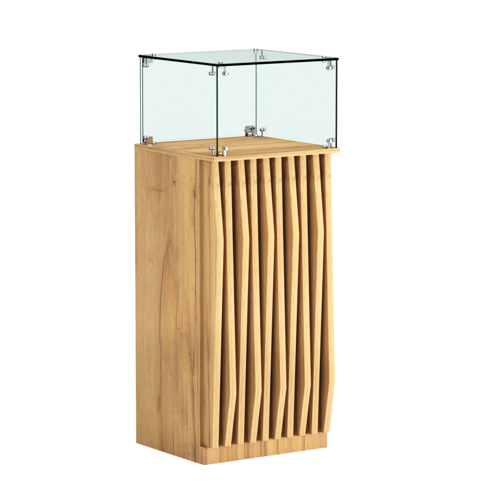 Торговый прилавок высокий квадратный с планками и стеклянным колпаком серии ОРНАМЕНТ №11 Дуб Золотистый