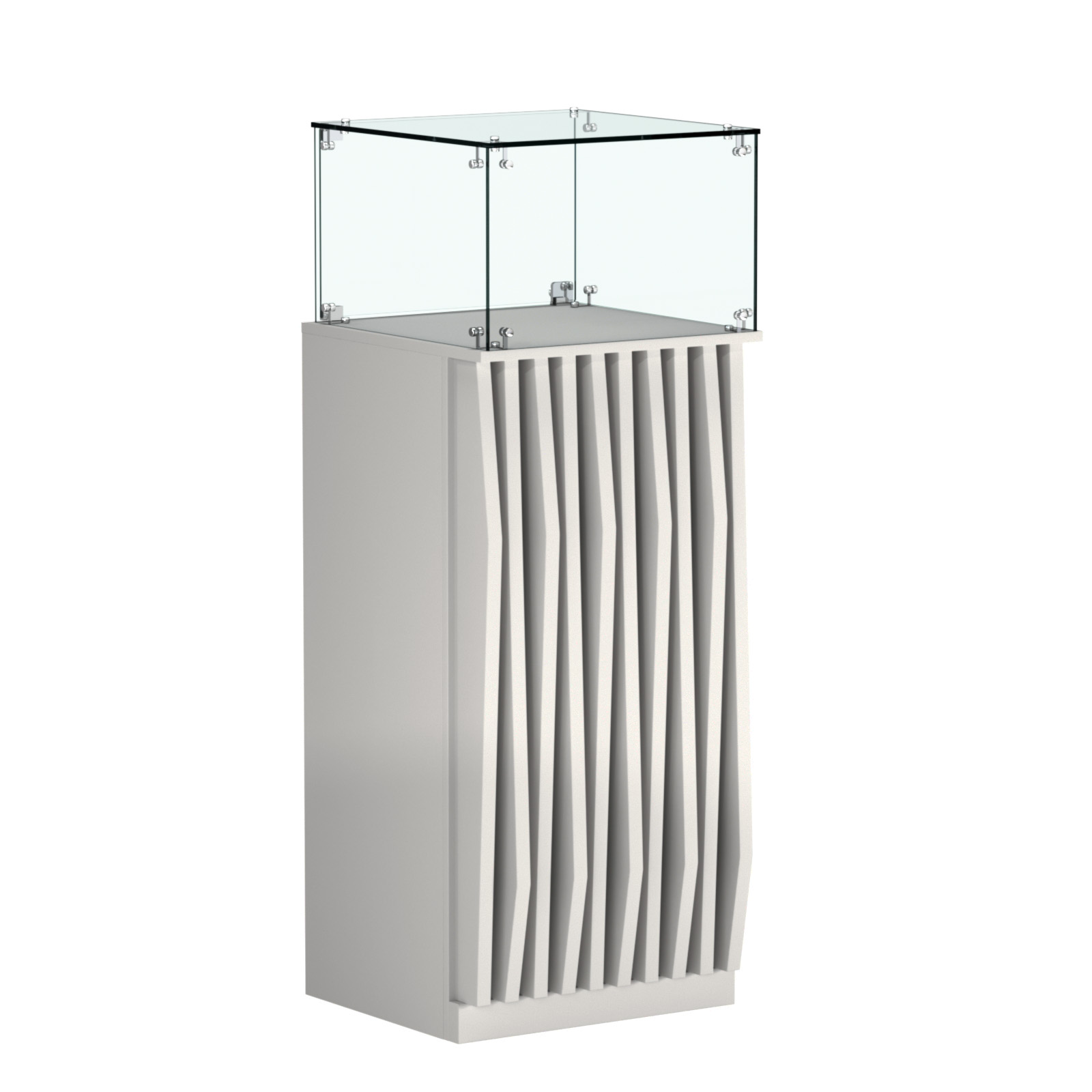 Торговый прилавок высокий квадратный с планками и стеклянным колпаком серии ОРНАМЕНТ №11 Серый