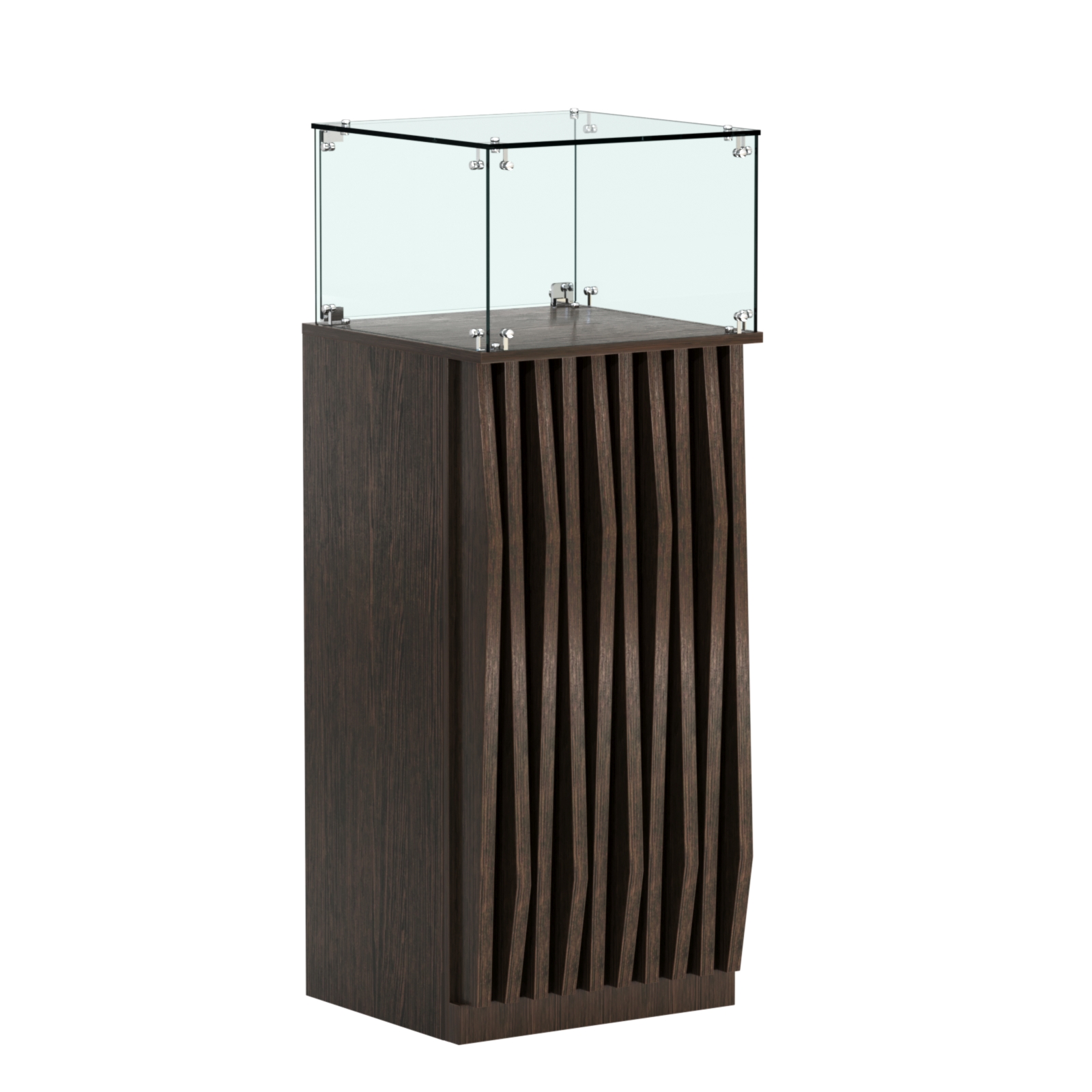 Торговый прилавок высокий квадратный с планками и стеклянным колпаком серии ОРНАМЕНТ №11 Дуб Венге