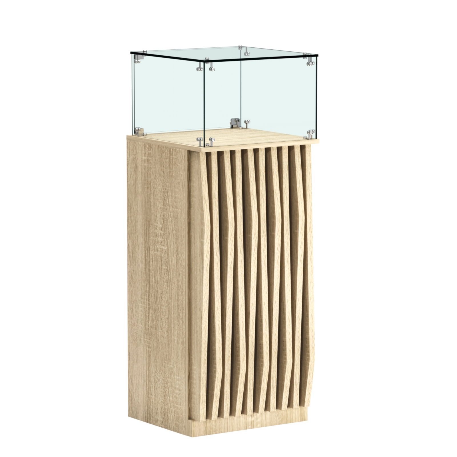 Торговый прилавок высокий квадратный с планками и стеклянным колпаком серии ОРНАМЕНТ №11 Дуб сонома