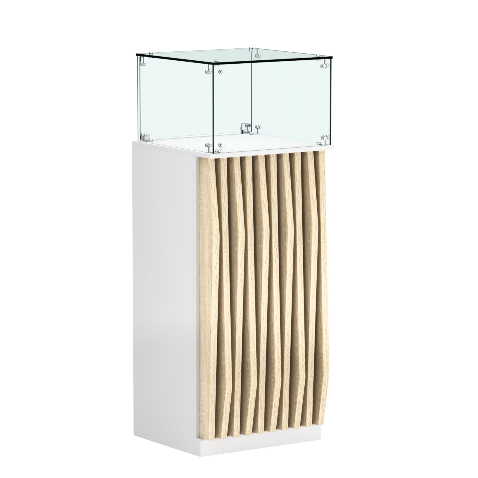 Торговый прилавок высокий квадратный с планками и стеклянным колпаком серии ОРНАМЕНТ №11 Белый + Дуб Сонома