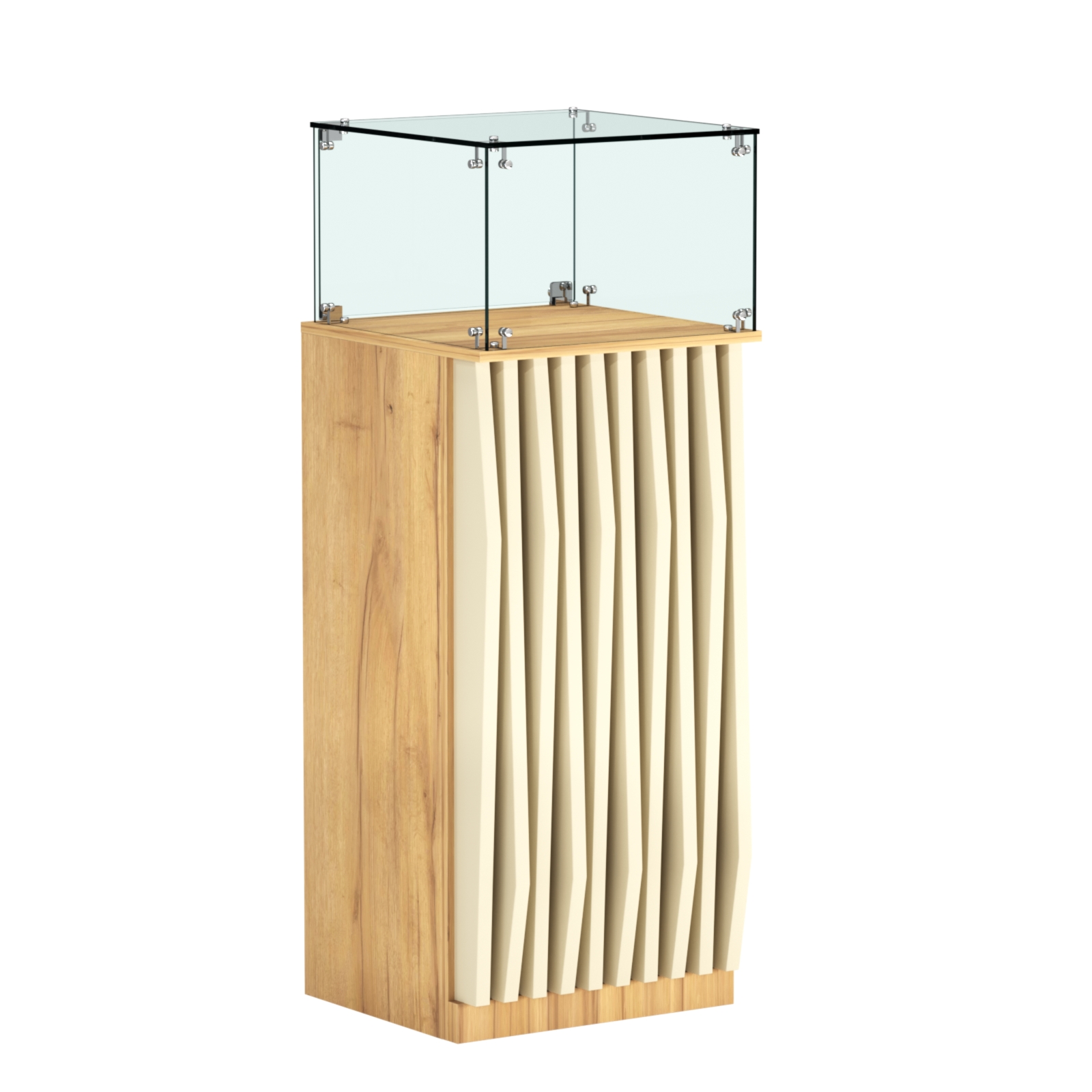 Торговый прилавок высокий квадратный с планками и стеклянным колпаком серии ОРНАМЕНТ №11 Дуб Золотистый и Крем Вайс