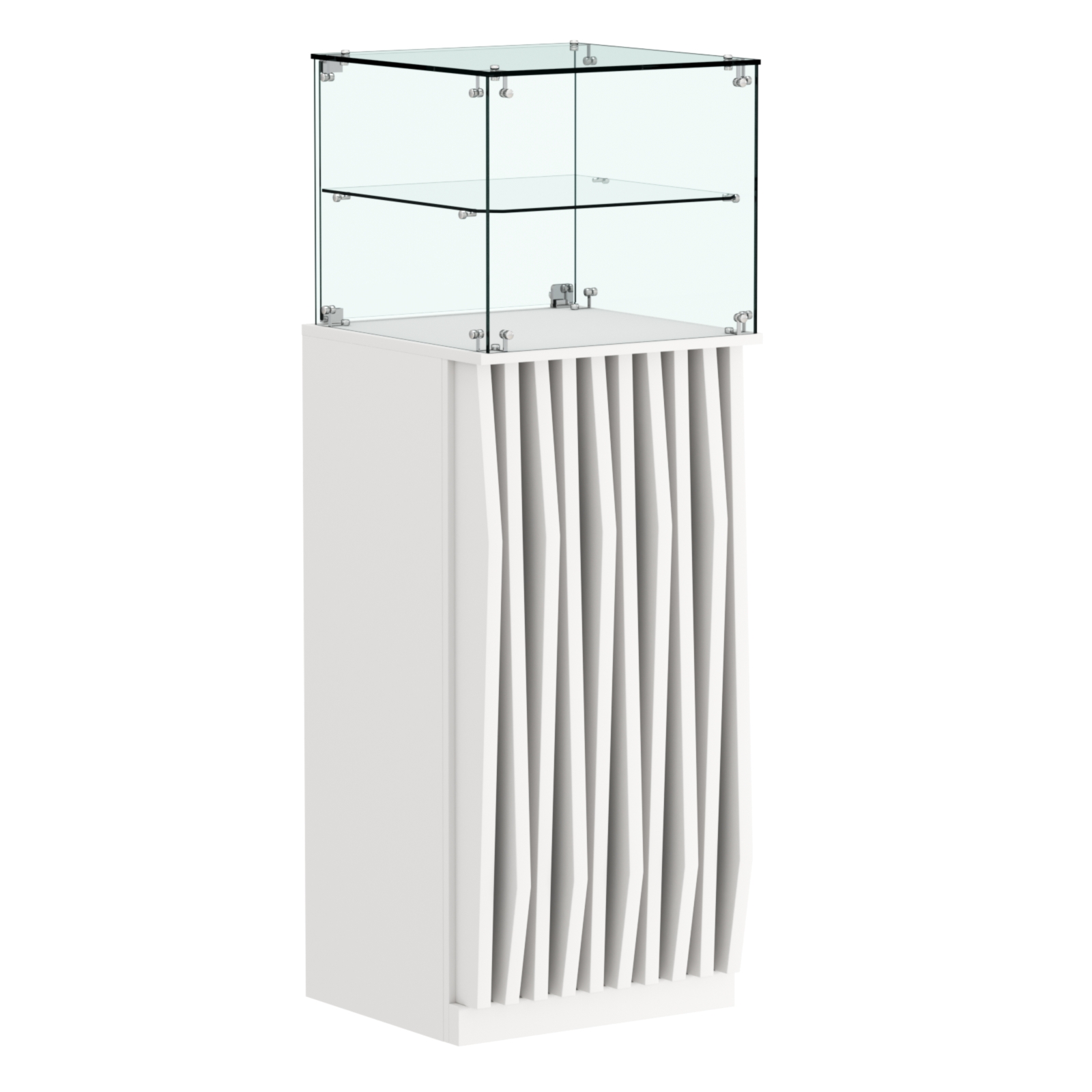 Торговый прилавок высокий квадратный с планками и одной полкой серии ОРНАМЕНТ №12 Белый