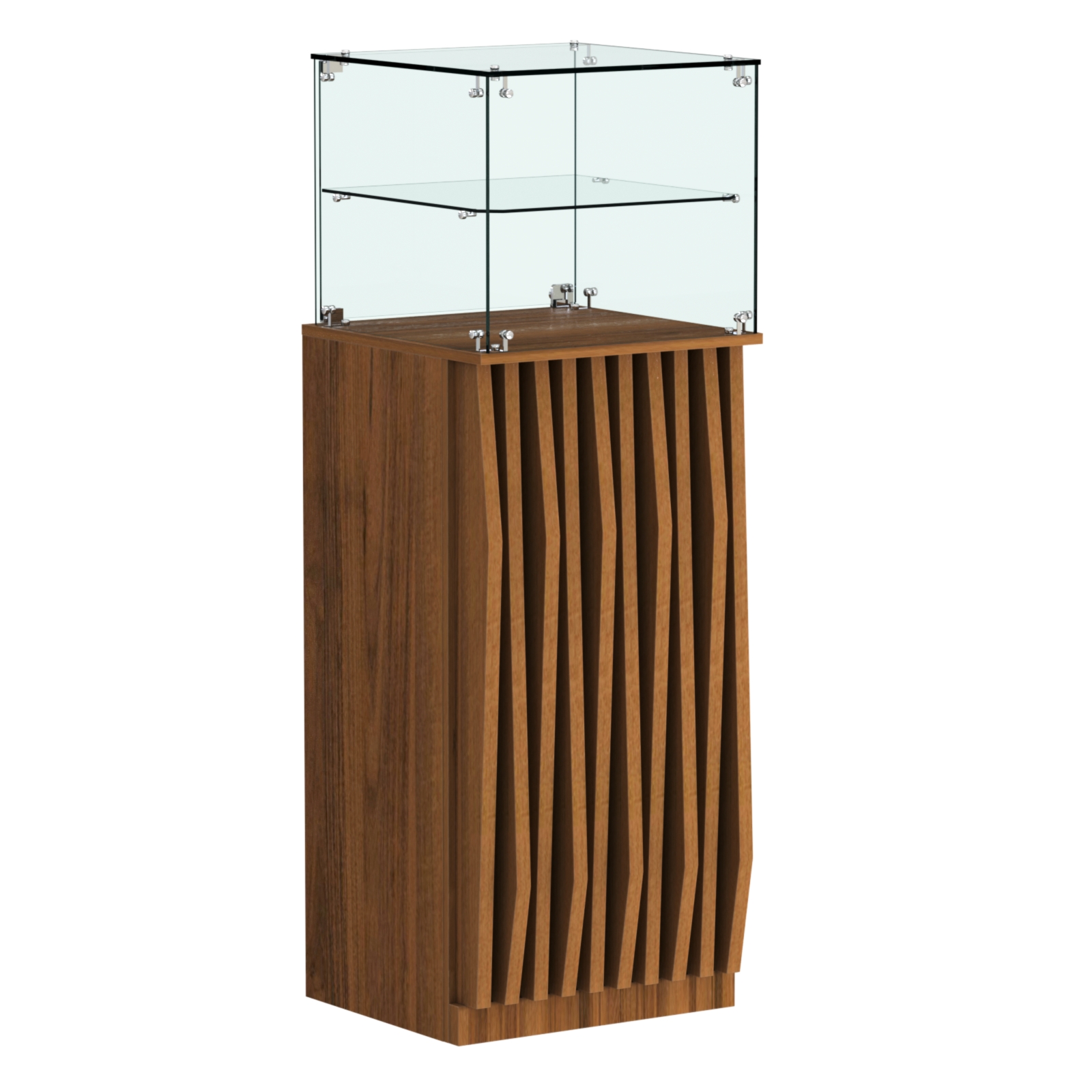 Торговый прилавок высокий квадратный с планками и одной полкой серии ОРНАМЕНТ №12 Орех