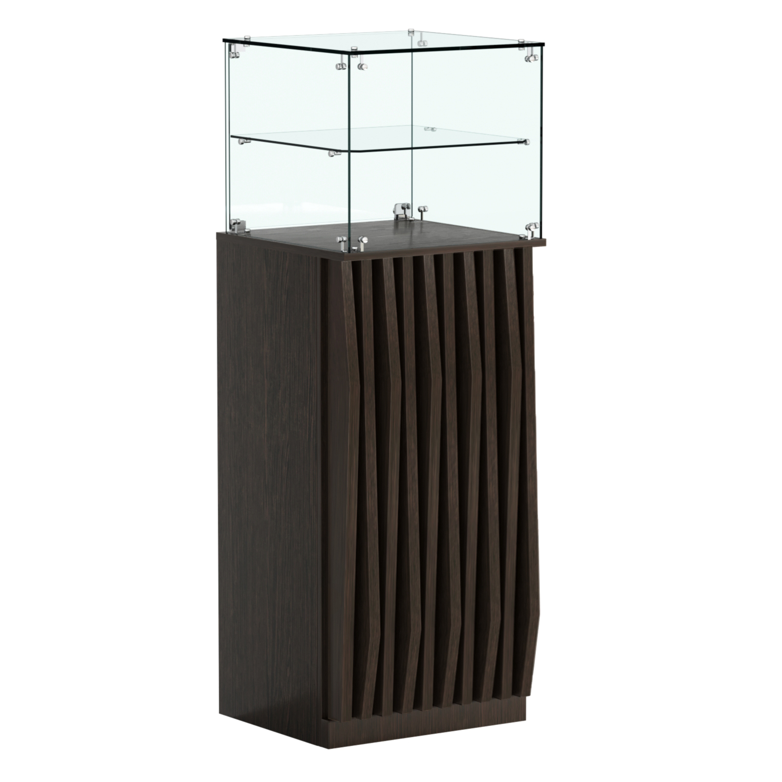 Торговый прилавок высокий квадратный с планками и одной полкой серии ОРНАМЕНТ №12 Дуб Венге