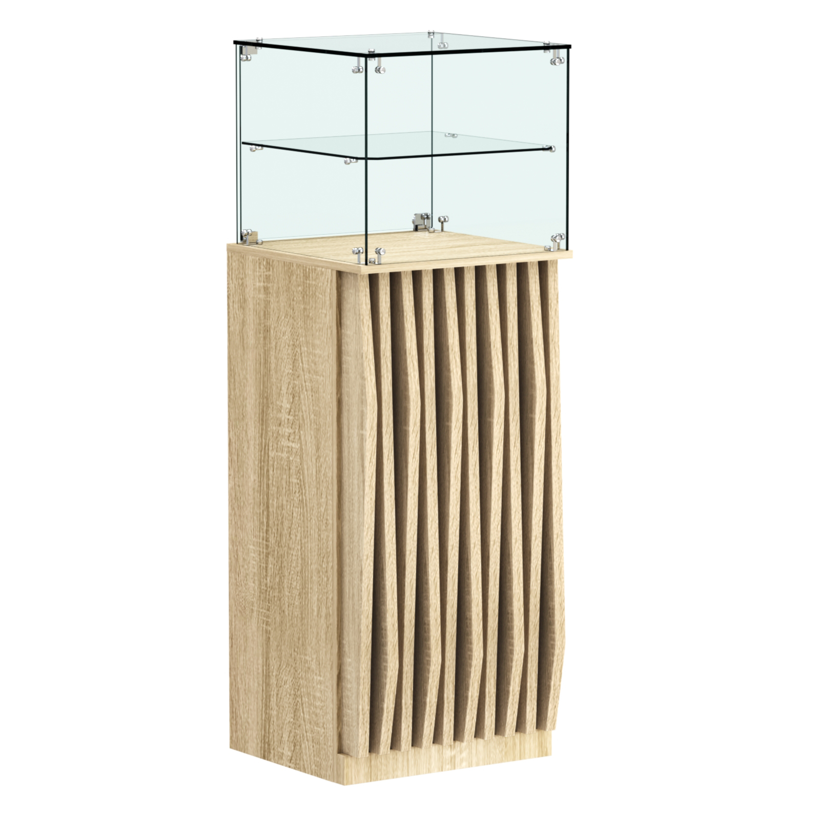 Торговый прилавок высокий квадратный с планками и одной полкой серии ОРНАМЕНТ №12 Дуб сонома