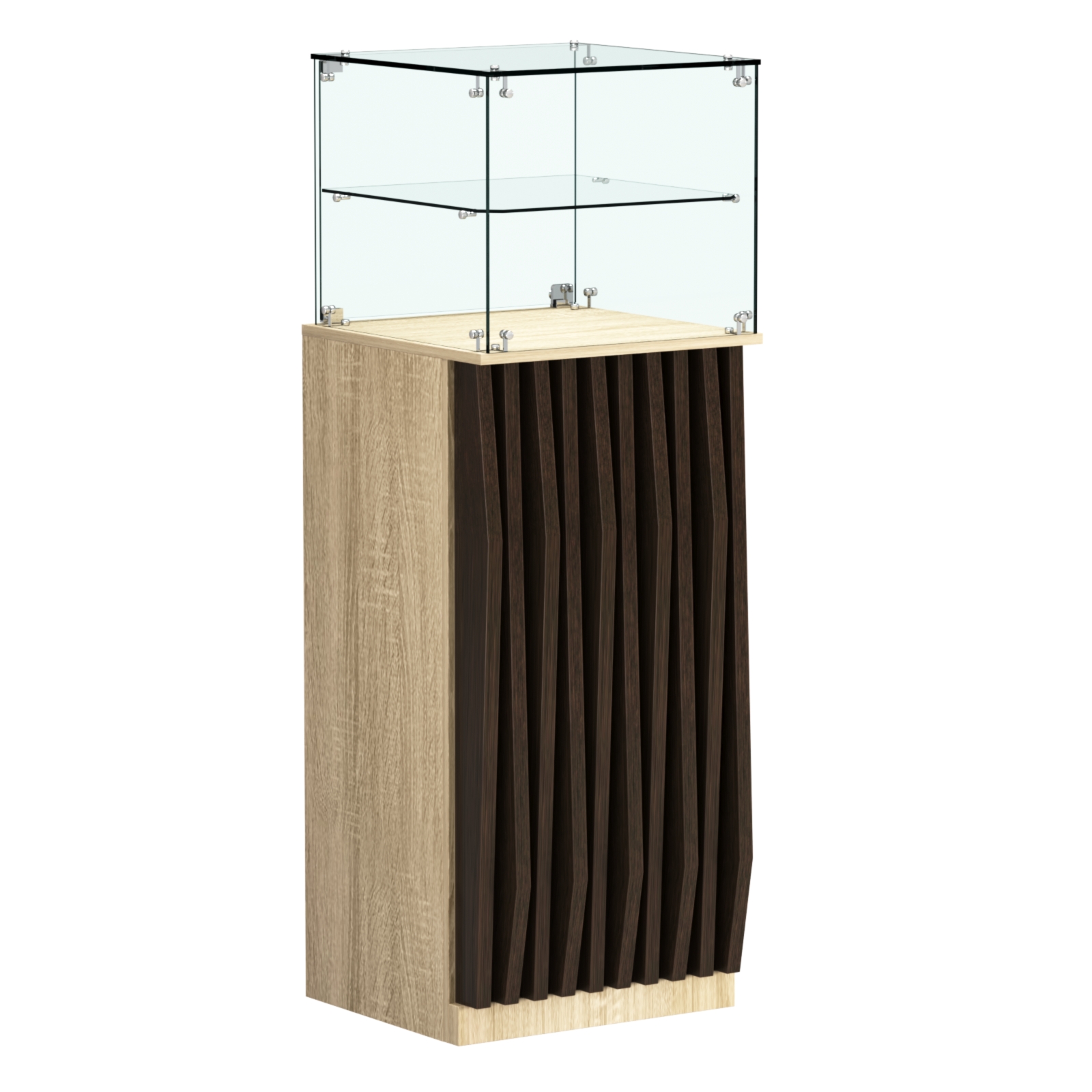 Торговый прилавок высокий квадратный с планками и одной полкой серии ОРНАМЕНТ №12 Дуб Сонома + Дуб Венге