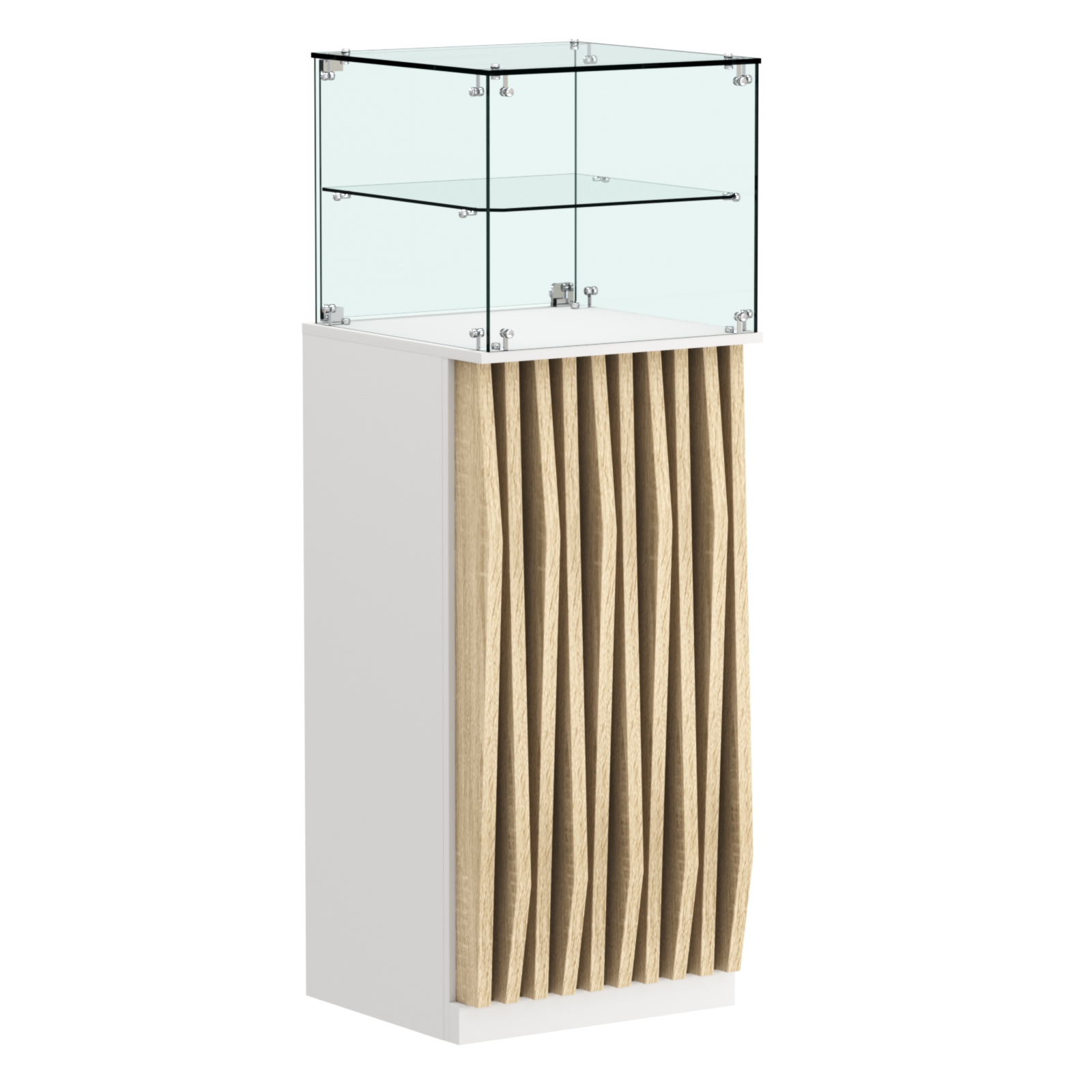 Торговый прилавок высокий квадратный с планками и одной полкой серии ОРНАМЕНТ №12 Белый + Дуб Сонома