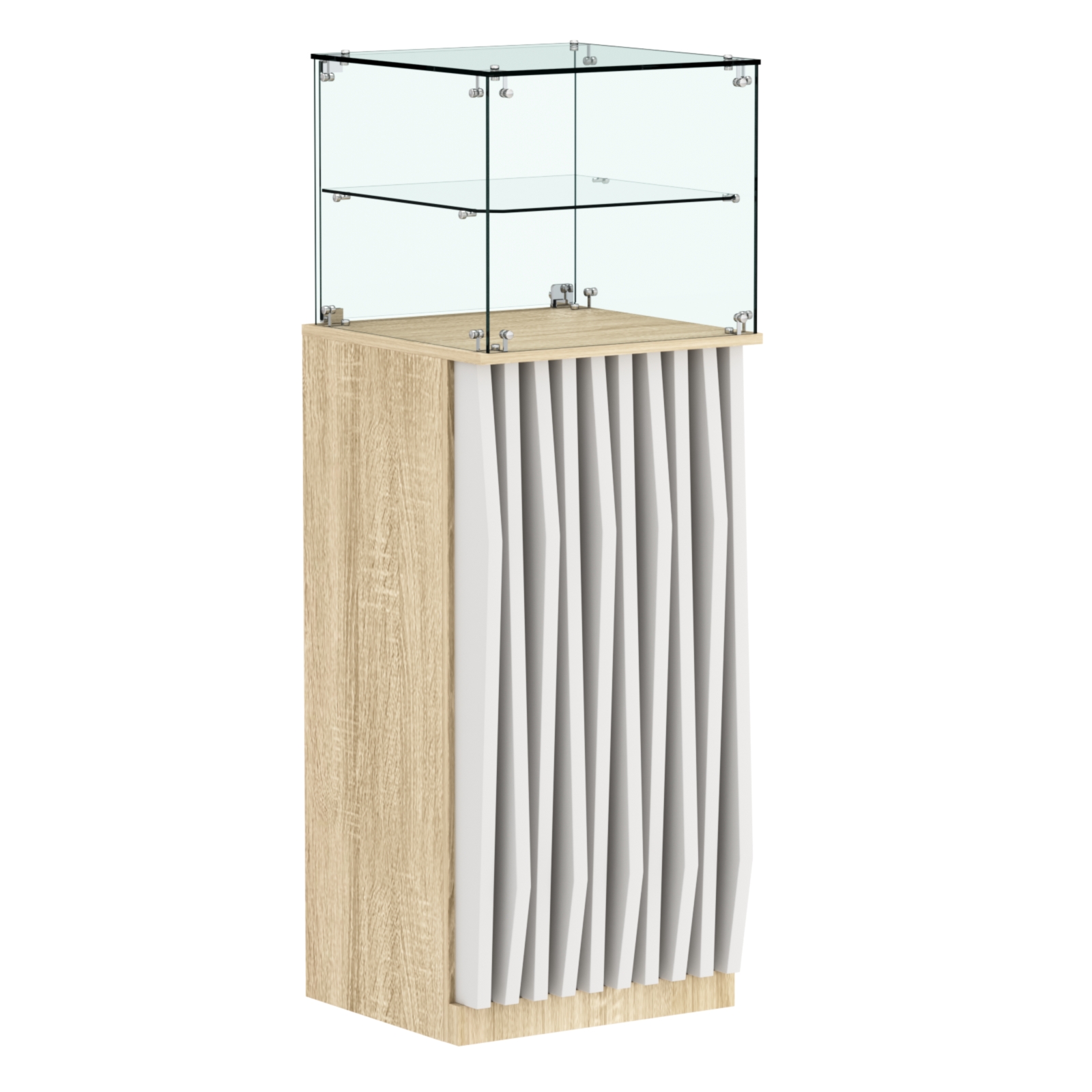 Торговый прилавок высокий квадратный с планками и одной полкой серии ОРНАМЕНТ №12 Дуб Сонома + Белый