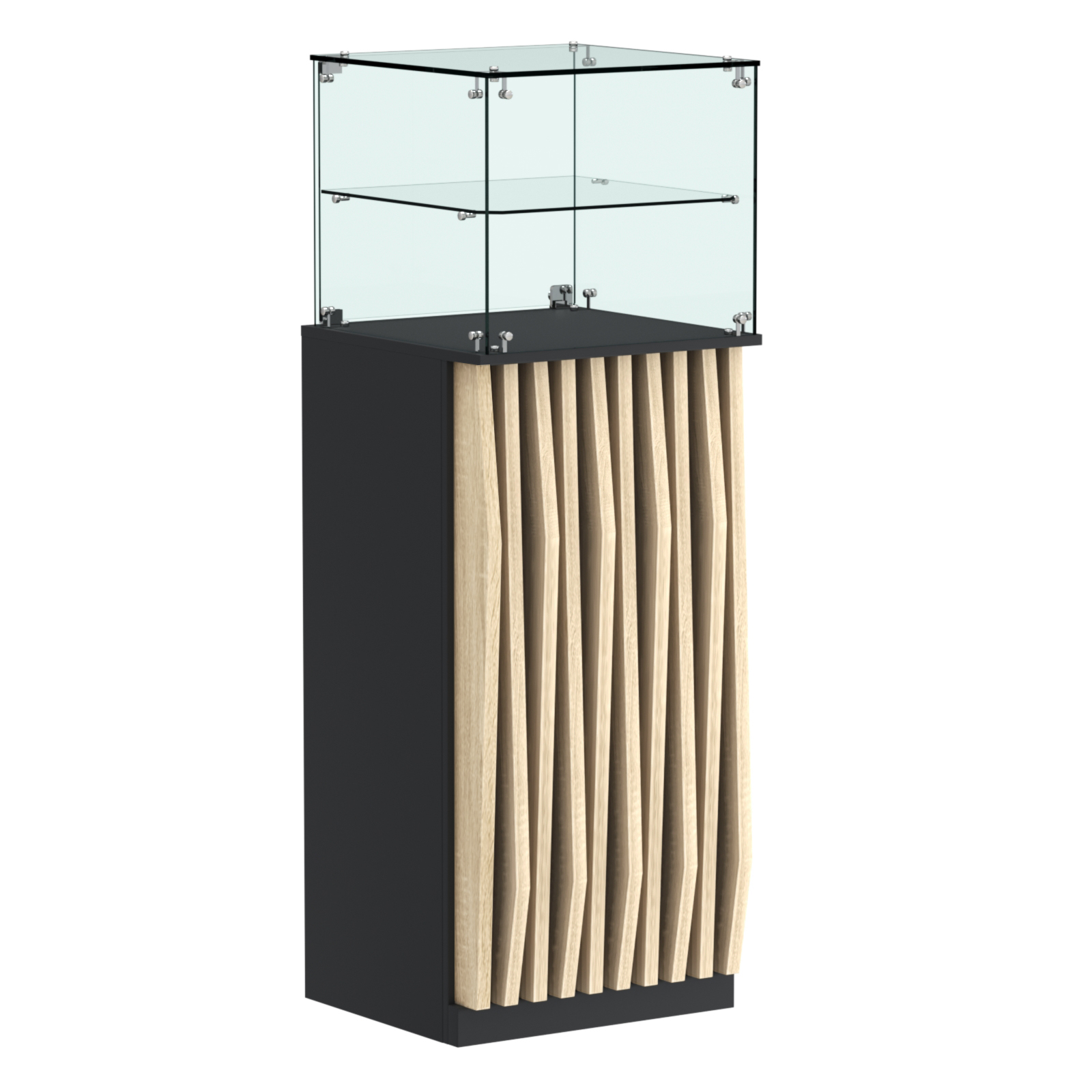 Торговый прилавок высокий квадратный с планками и одной полкой серии ОРНАМЕНТ №12 Черный + Дуб Сонома