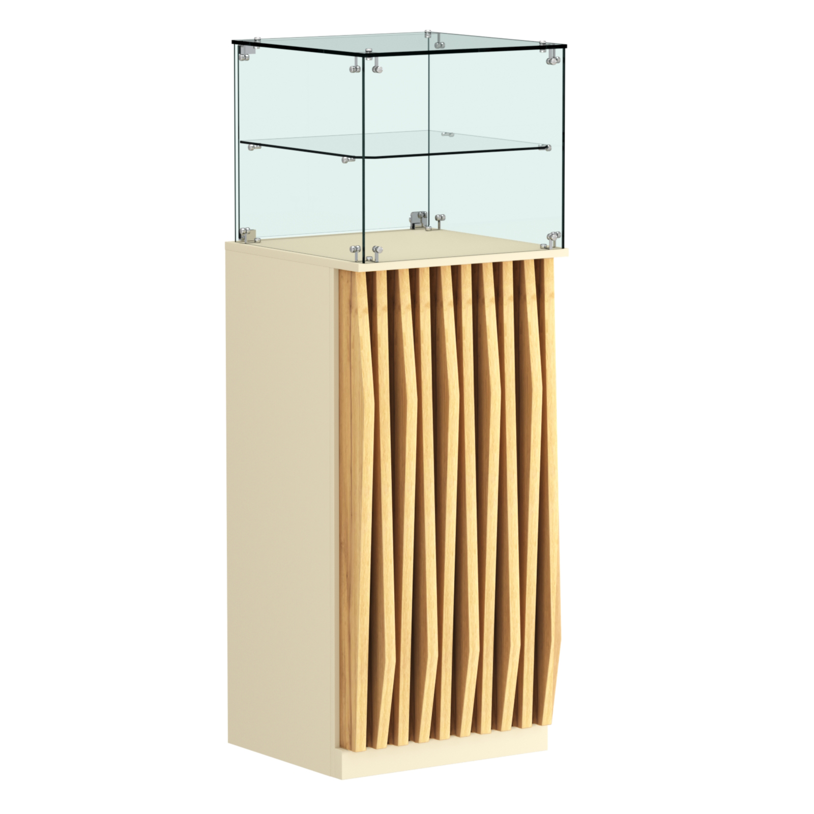 Торговый прилавок высокий квадратный с планками и одной полкой серии ОРНАМЕНТ №12 Крем Вайс и Дуб Золотистый