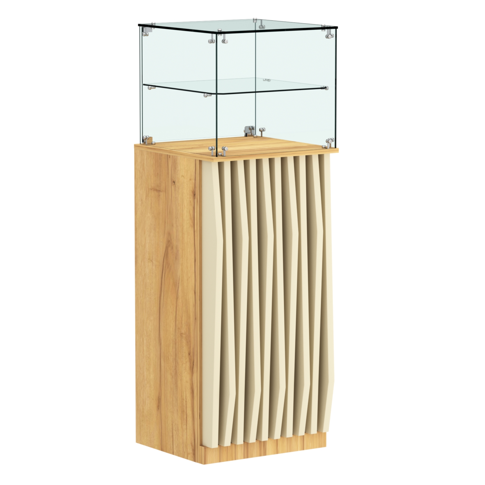 Торговый прилавок высокий квадратный с планками и одной полкой серии ОРНАМЕНТ №12 Дуб Золотистый и Крем Вайс