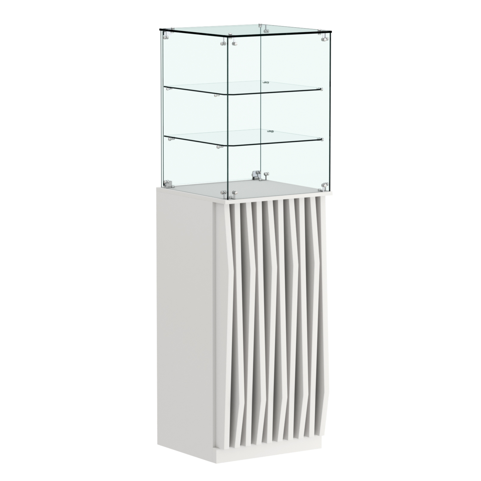 Торговый прилавок высокий квадратный с планками и двумя полками серии ОРНАМЕНТ №13 Белый