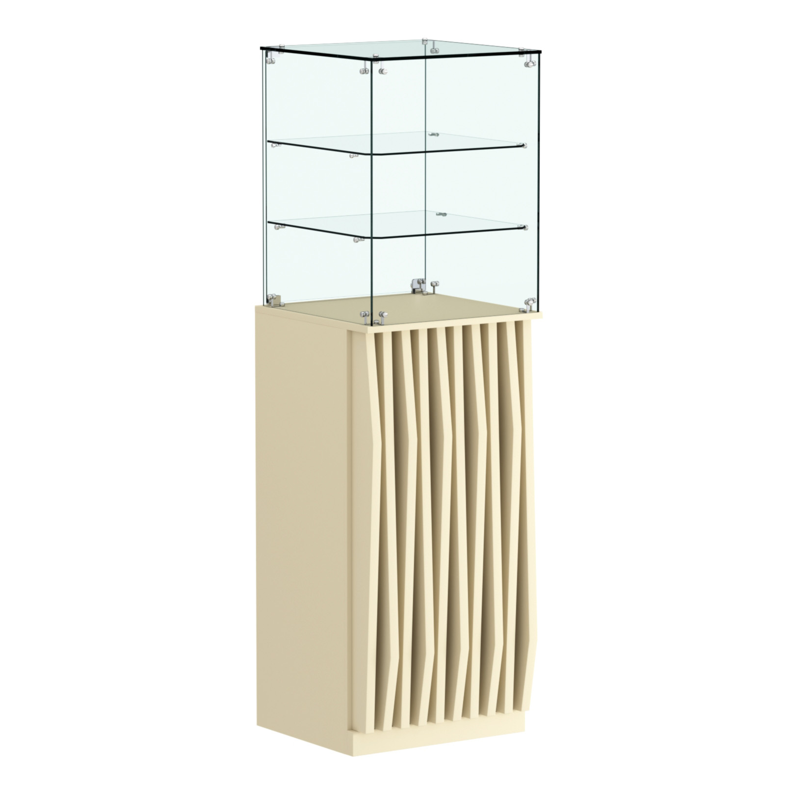 Торговый прилавок высокий квадратный с планками и двумя полками серии ОРНАМЕНТ №13 Крем Вайс