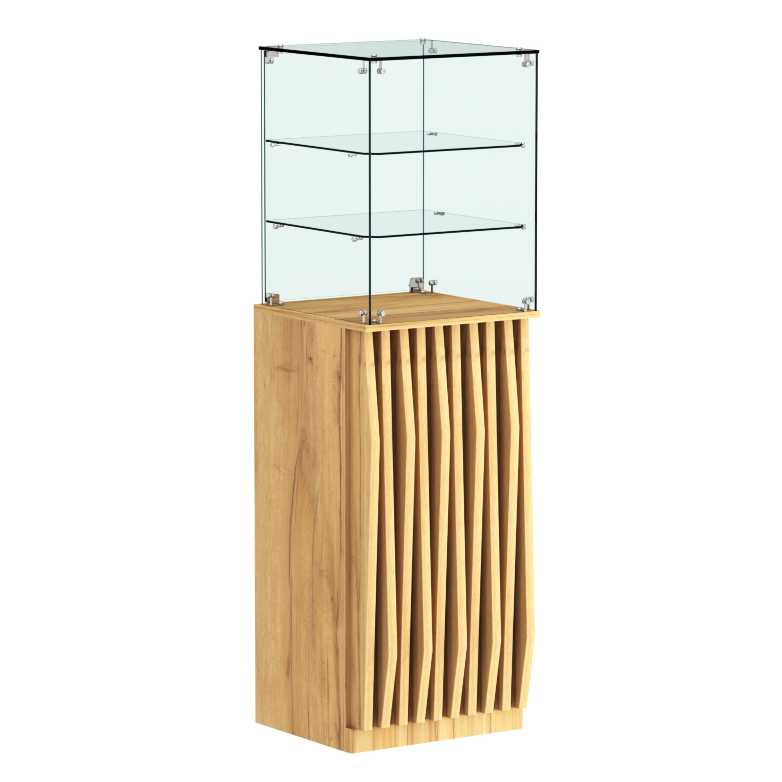 Торговый прилавок высокий квадратный с планками и двумя полками серии ОРНАМЕНТ №13 Дуб Золотистый