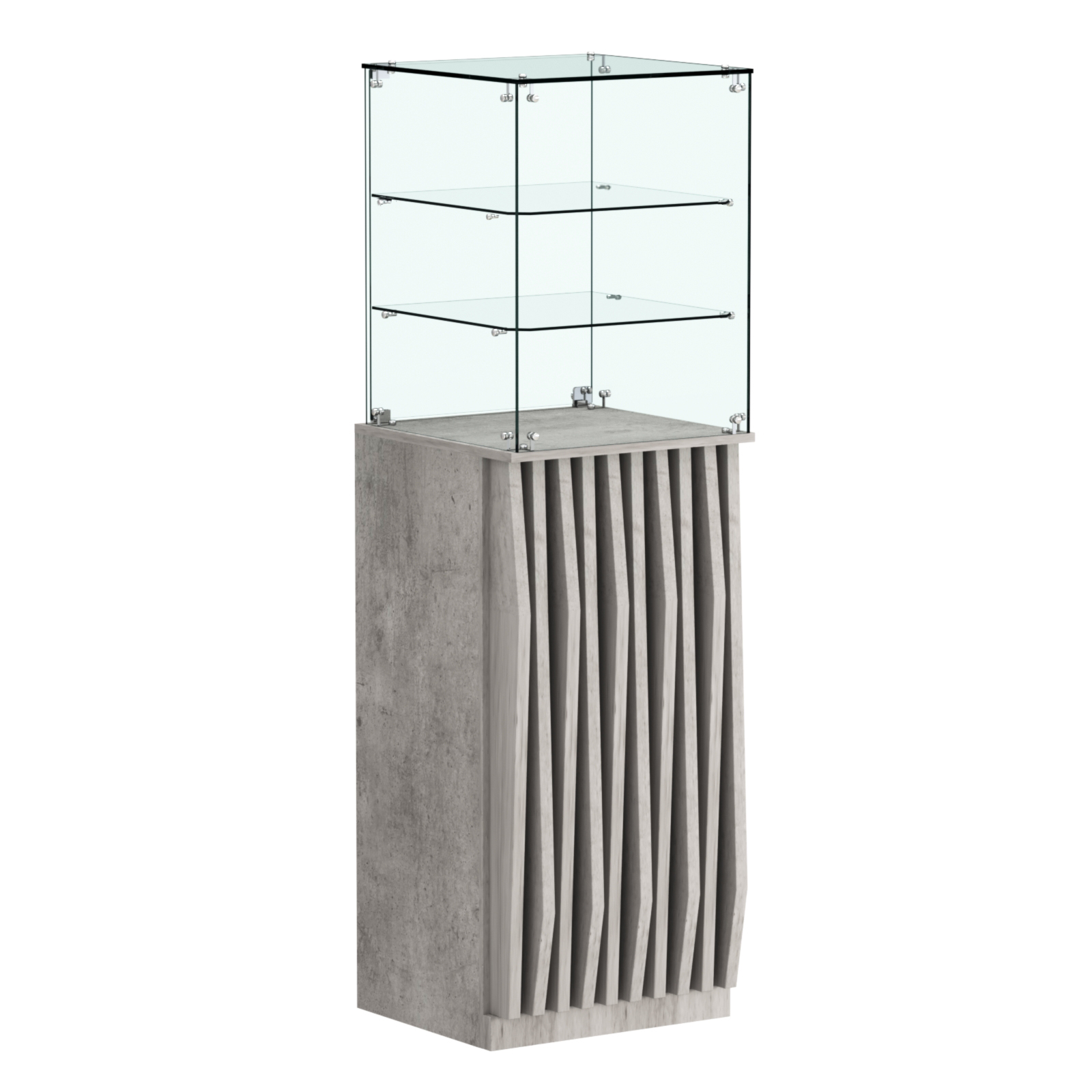 Торговый прилавок высокий квадратный с планками и двумя полками серии ОРНАМЕНТ №13 Бетон Чикаго светло-серый F186 ST9