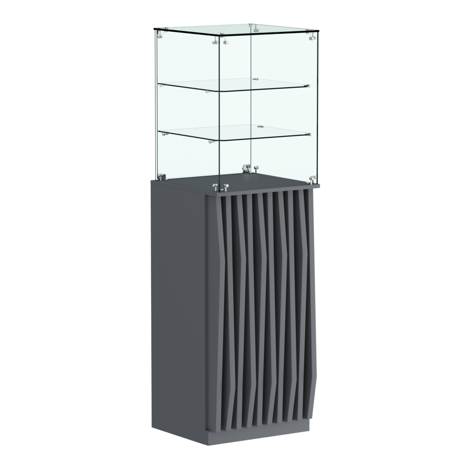 Торговый прилавок высокий квадратный с планками и двумя полками серии ОРНАМЕНТ №13 Темно-Серый