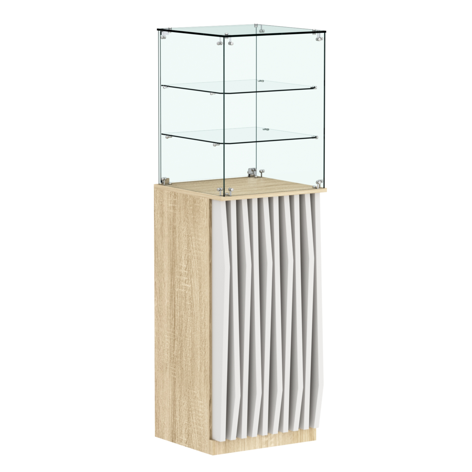 Торговый прилавок высокий квадратный с планками и двумя полками серии ОРНАМЕНТ №13 Дуб Сонома + Белый