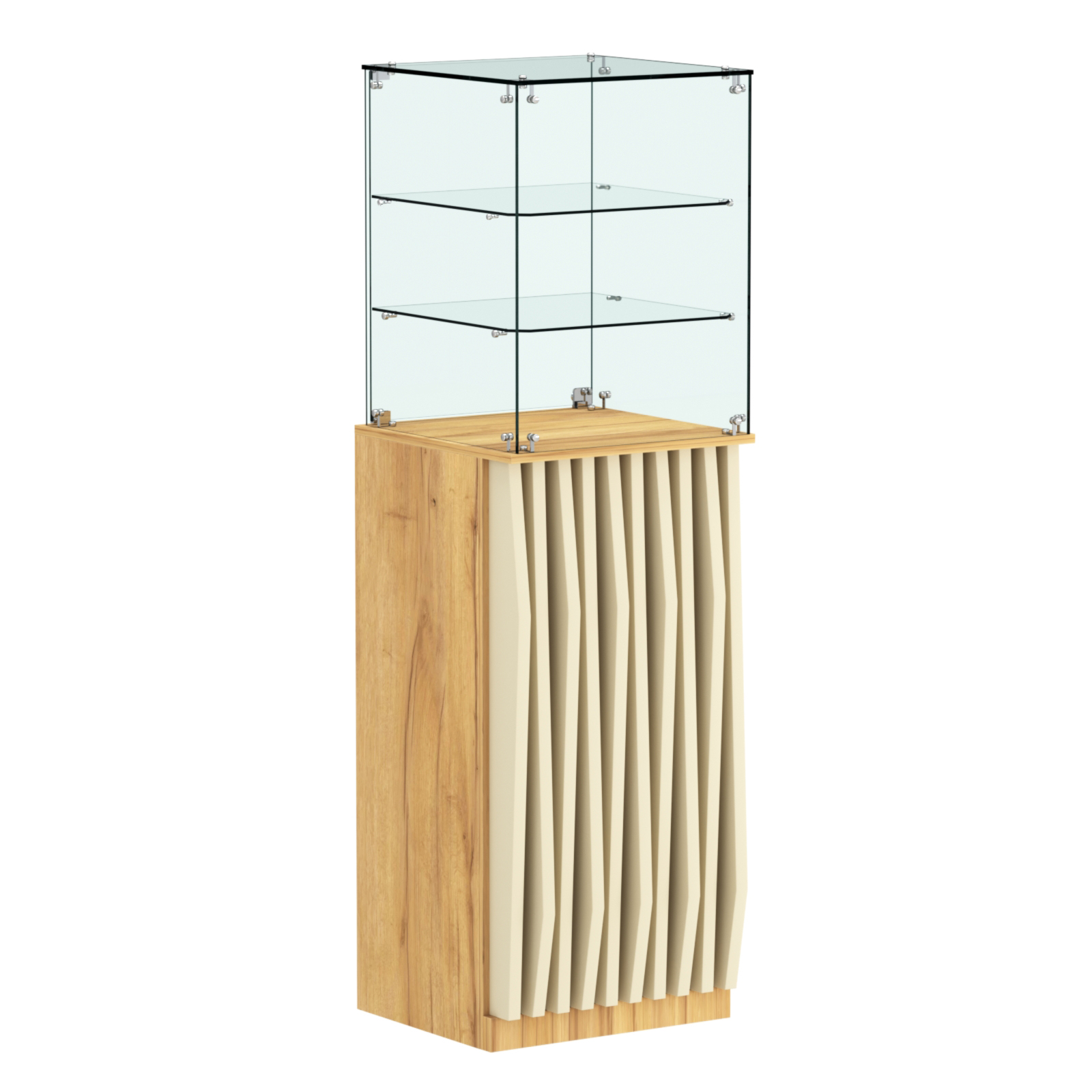 Торговый прилавок высокий квадратный с планками и двумя полками серии ОРНАМЕНТ №13 Дуб Золотистый и Крем Вайс