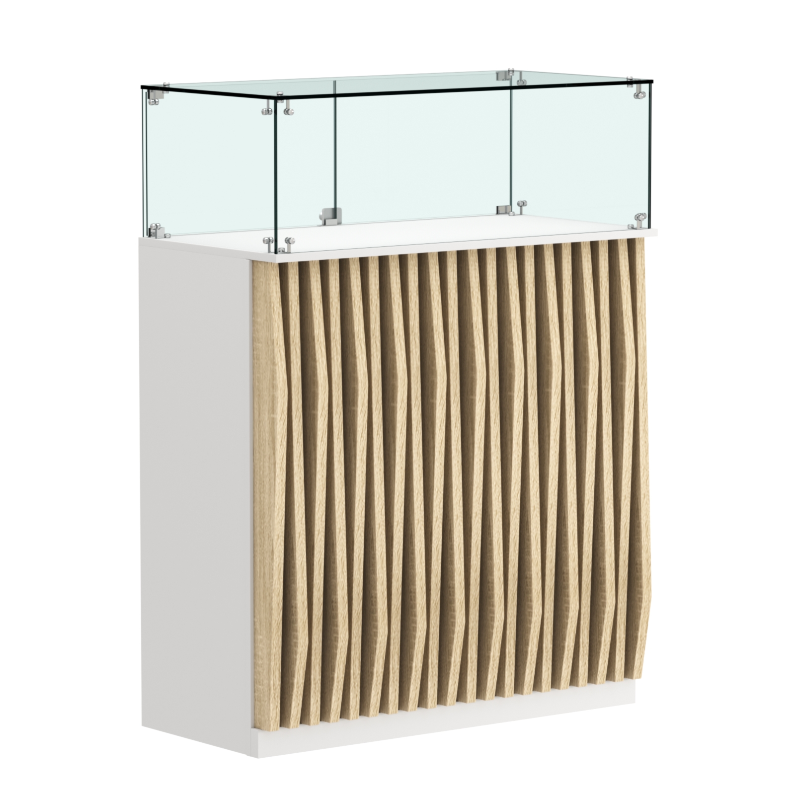 Торговый прилавок прямоугольный с планками и стеклянным колпаком ОРНАМЕНТ №1 Белый + Дуб Сонома