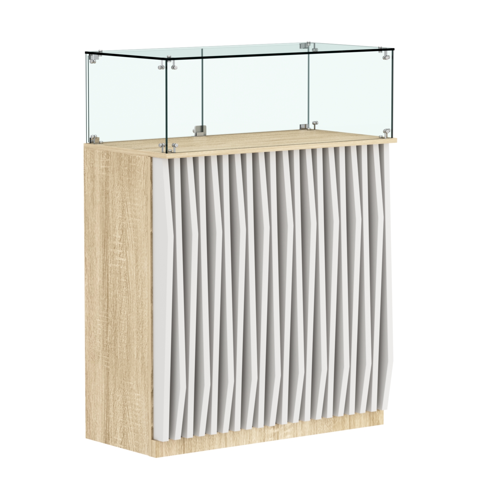 Торговый прилавок прямоугольный с планками и стеклянным колпаком ОРНАМЕНТ №1 Дуб Сонома + Белый