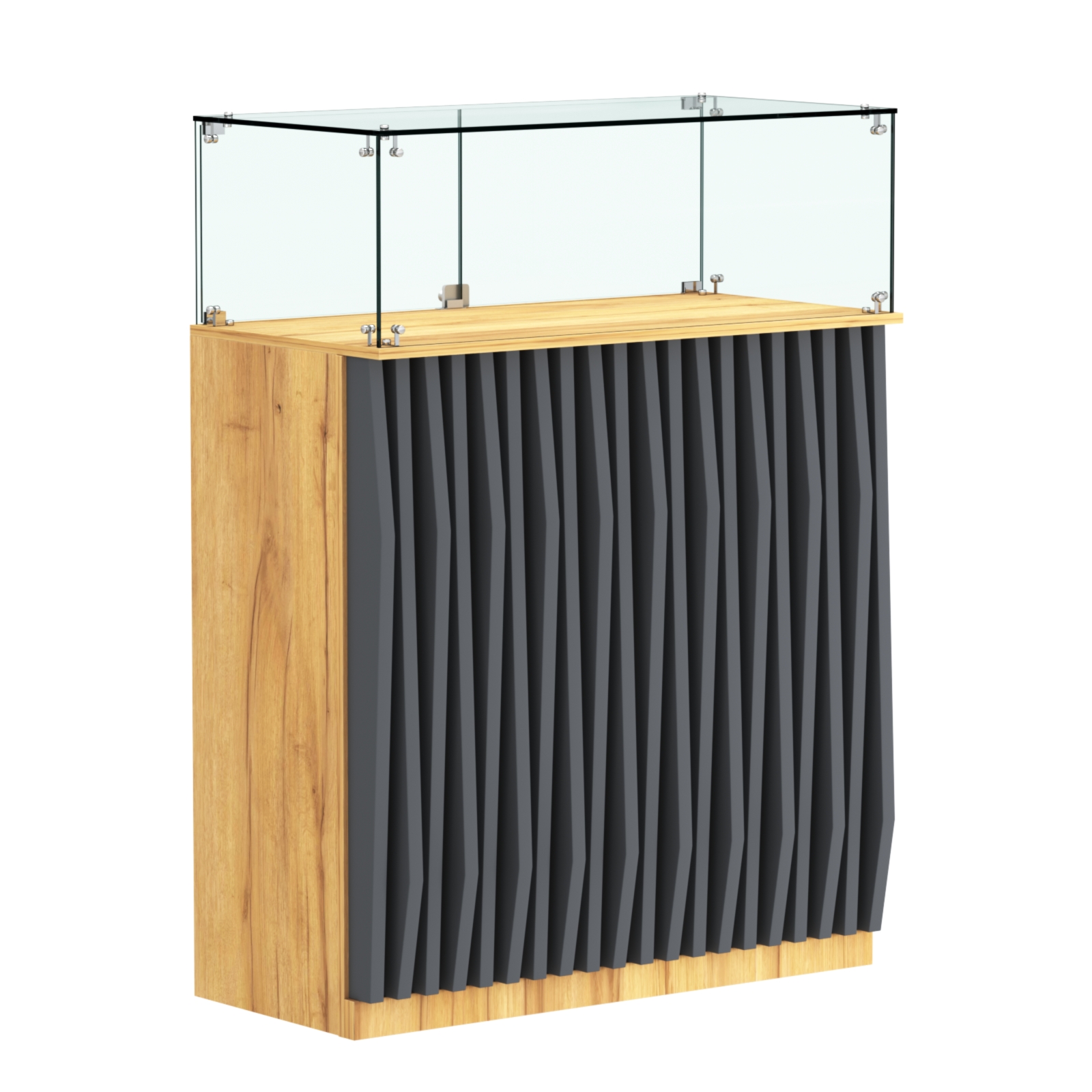 Торговый прилавок прямоугольный с планками и стеклянным колпаком ОРНАМЕНТ №1 Дуб Золотистый и Темно-Серый