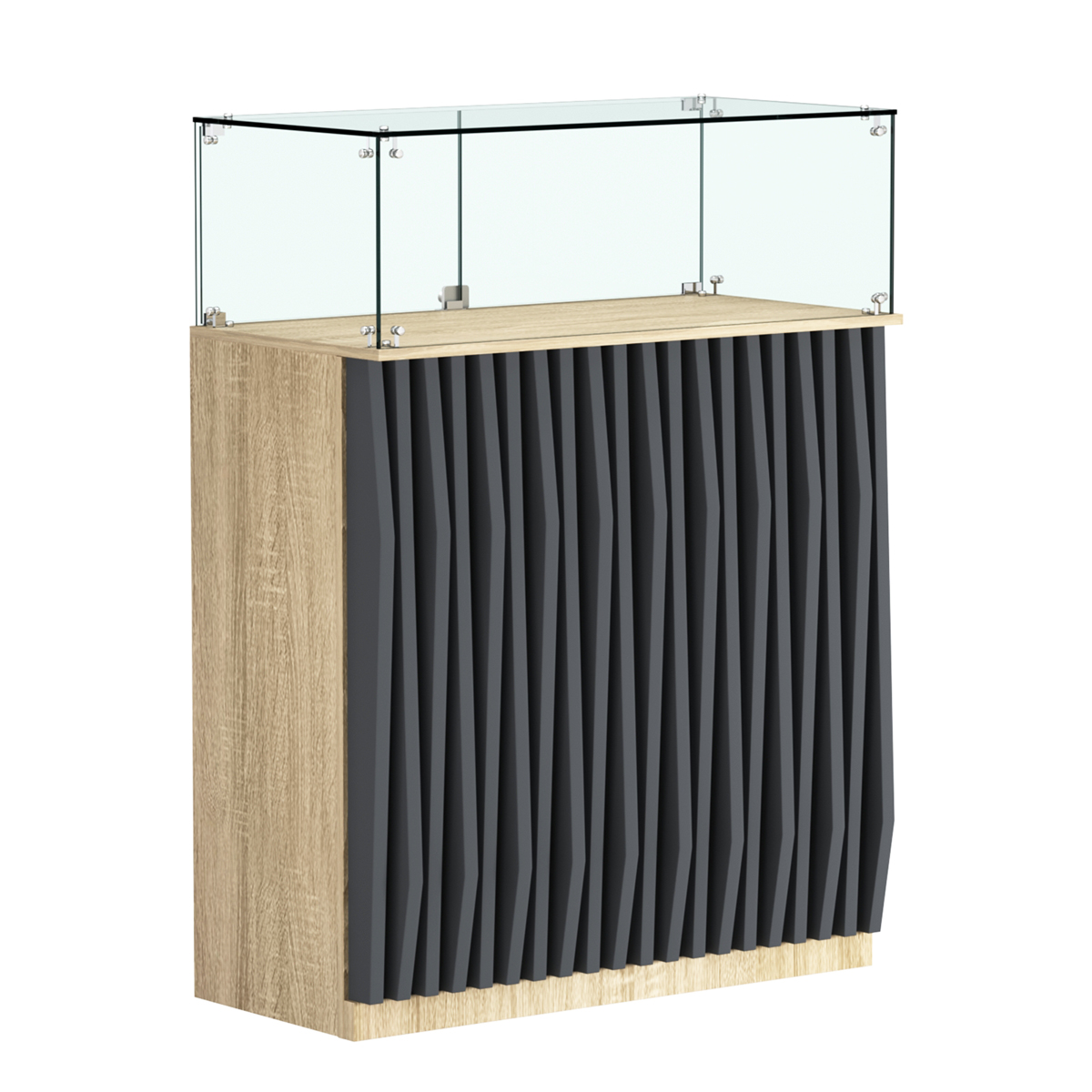 Торговый прилавок прямоугольный с планками и стеклянным колпаком ОРНАМЕНТ №1 Дуб Сонома и Темно-Серый 5-U2601