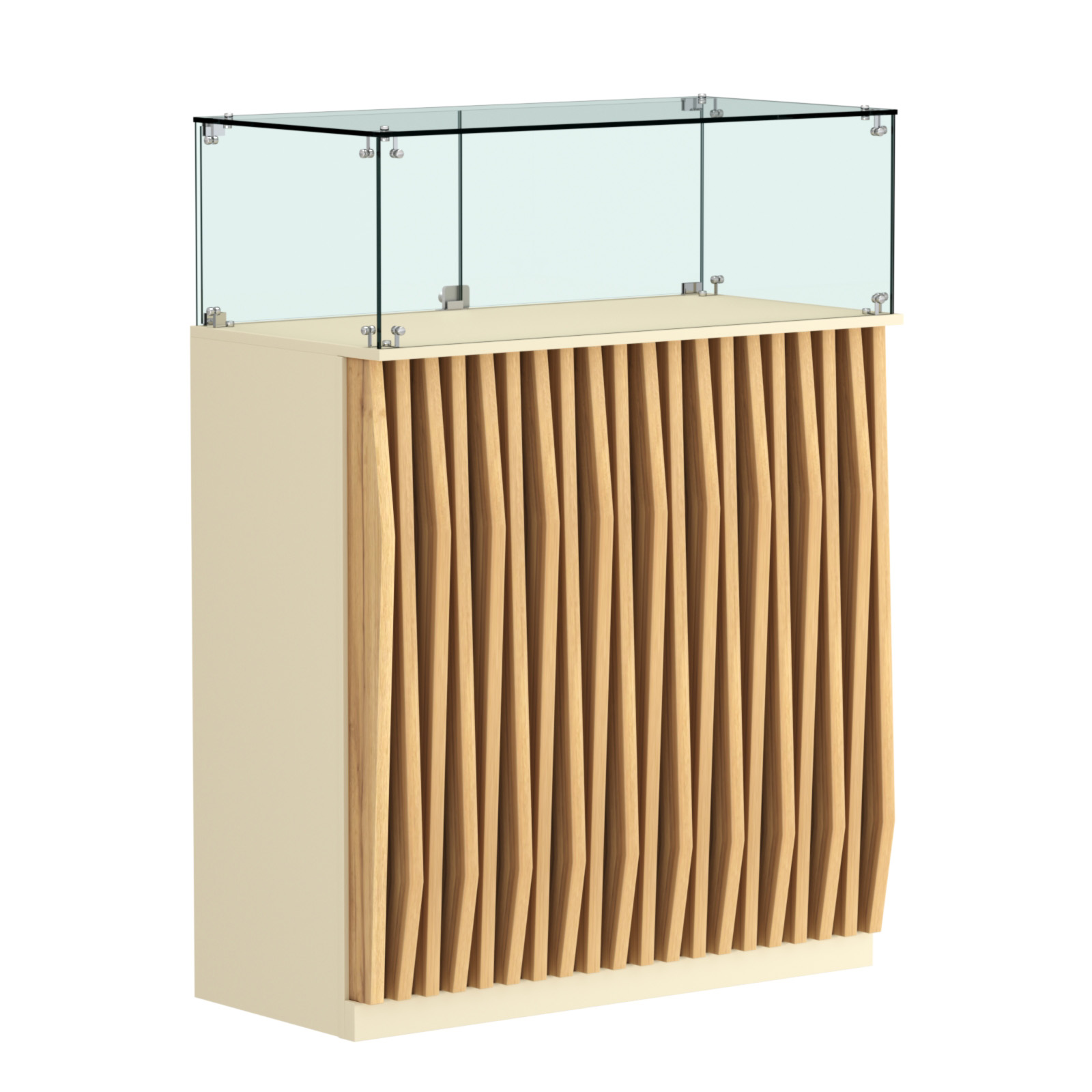 Торговый прилавок прямоугольный с планками и стеклянным колпаком ОРНАМЕНТ №1 Крем Вайс и Дуб Золотистый