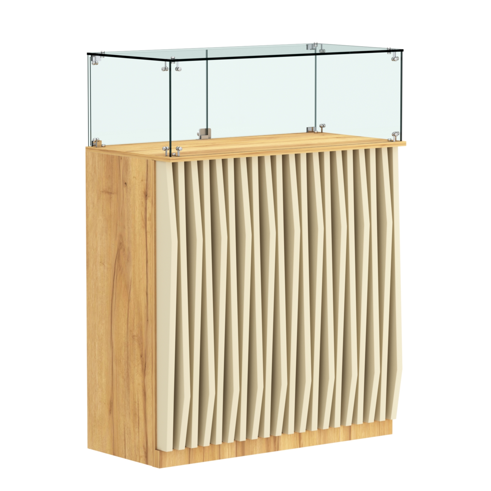 Торговый прилавок прямоугольный с планками и стеклянным колпаком ОРНАМЕНТ №1 Дуб Золотистый и Крем Вайс