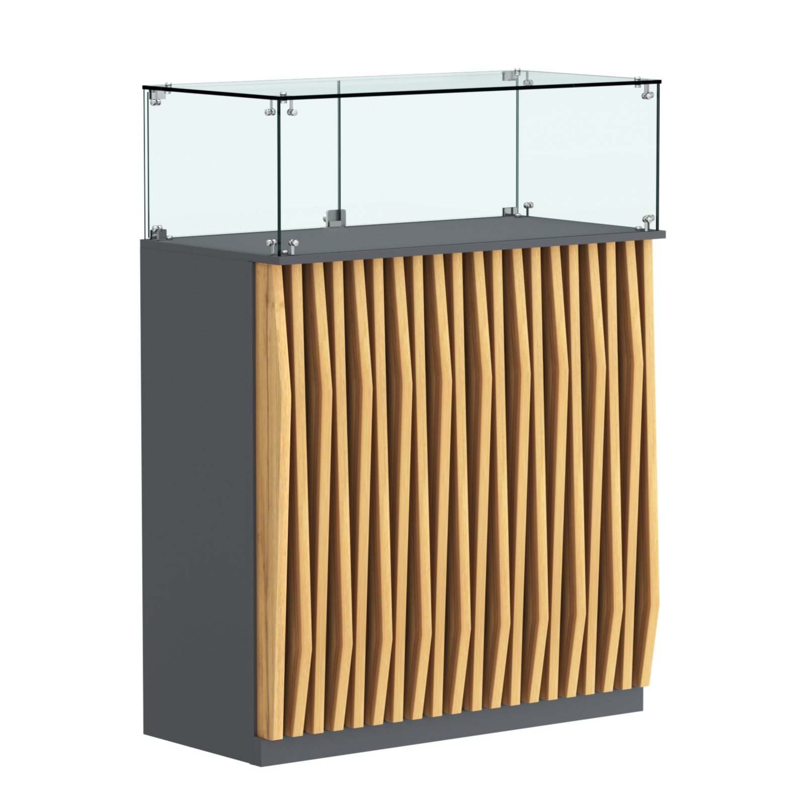 Торговый прилавок прямоугольный с планками и стеклянным колпаком ОРНАМЕНТ №1 Темно-Серый  + Дуб Золотистый