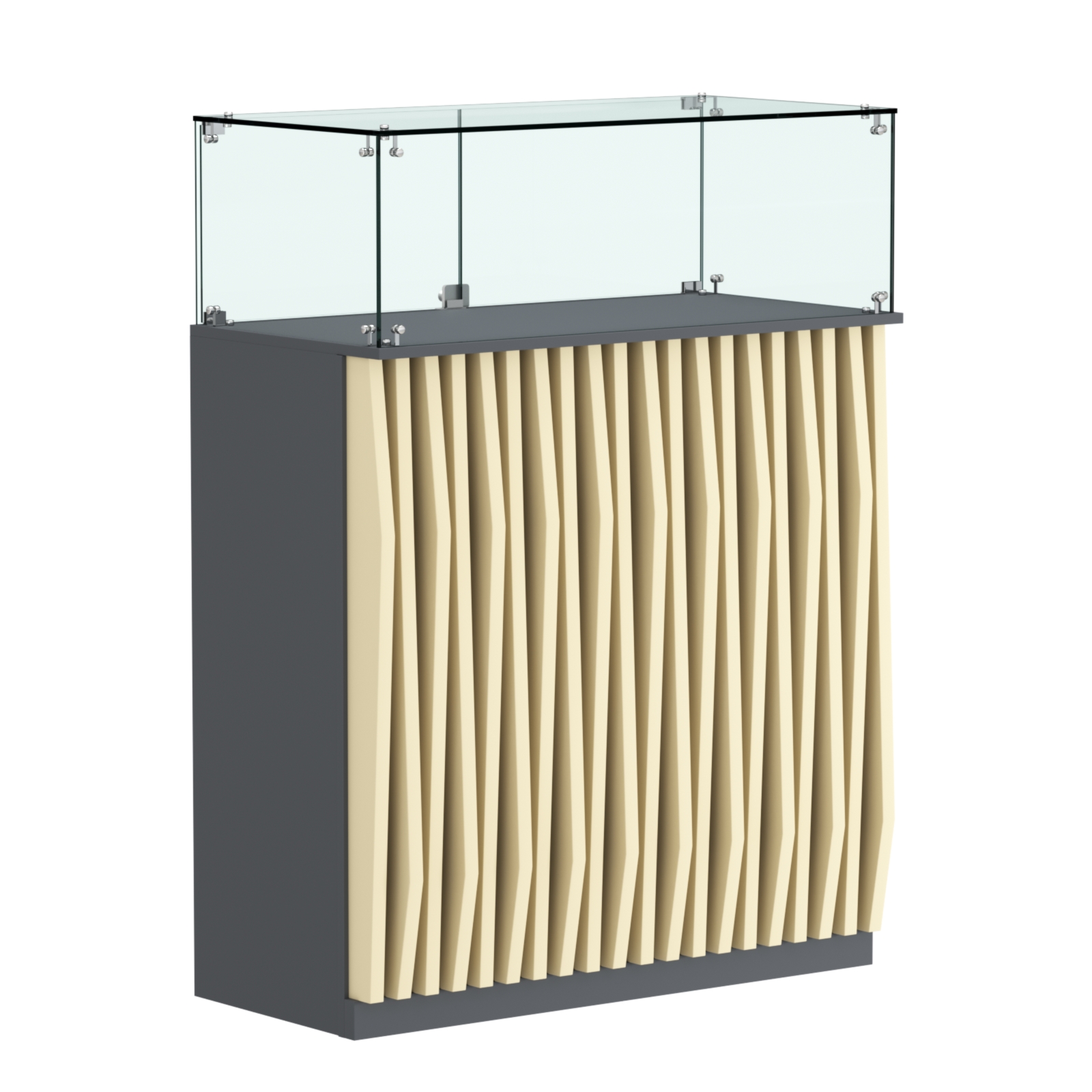 Торговый прилавок прямоугольный с планками и стеклянным колпаком ОРНАМЕНТ №1 Темно-серый + Крем Вайс