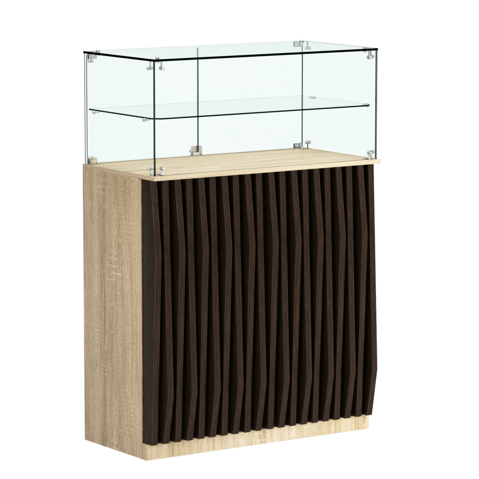 Торговый прилавок прямоугольный с планками и одной полкой ОРНАМЕНТ №2 Дуб Сонома + Дуб Венге