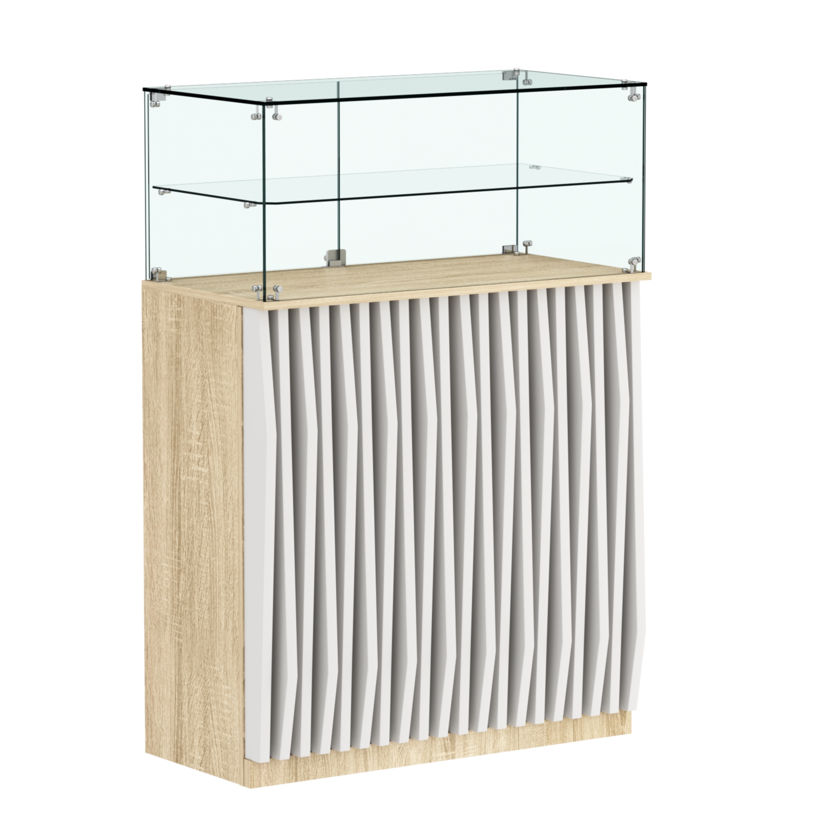 Торговый прилавок прямоугольный с планками и одной полкой ОРНАМЕНТ №2 Дуб Сонома + Белый