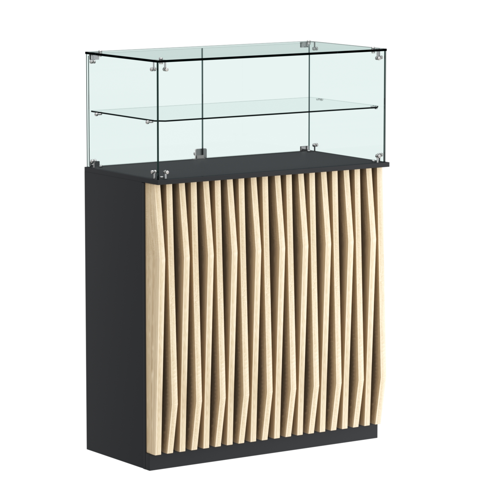 Торговый прилавок прямоугольный с планками и одной полкой ОРНАМЕНТ №2 Черный + Дуб Сонома