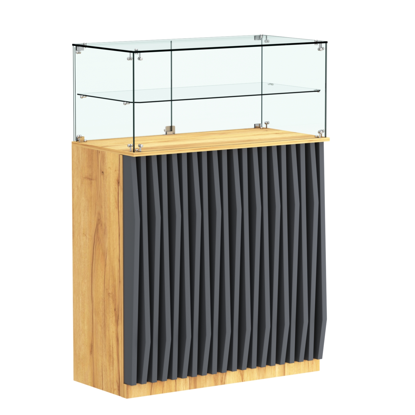 Торговый прилавок прямоугольный с планками и одной полкой ОРНАМЕНТ №2 Дуб Золотистый и Темно-Серый