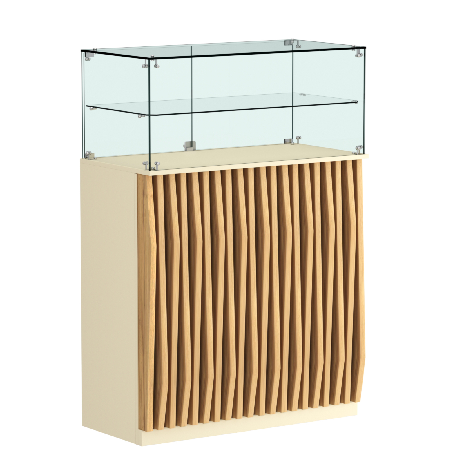 Торговый прилавок прямоугольный с планками и одной полкой ОРНАМЕНТ №2 Крем Вайс и Дуб Золотистый